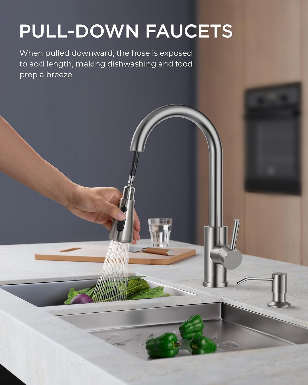 FORIOUS Kitchen Faucets, Brushed Nickel Kitchen Faucet with Pull Down Sprayer, High Arc Single Handle Stainless Steel Sink Faucets 1 or 3 Hole, Kitchen Sink Faucets for Farmhouse Camper Laundry Rv Bar