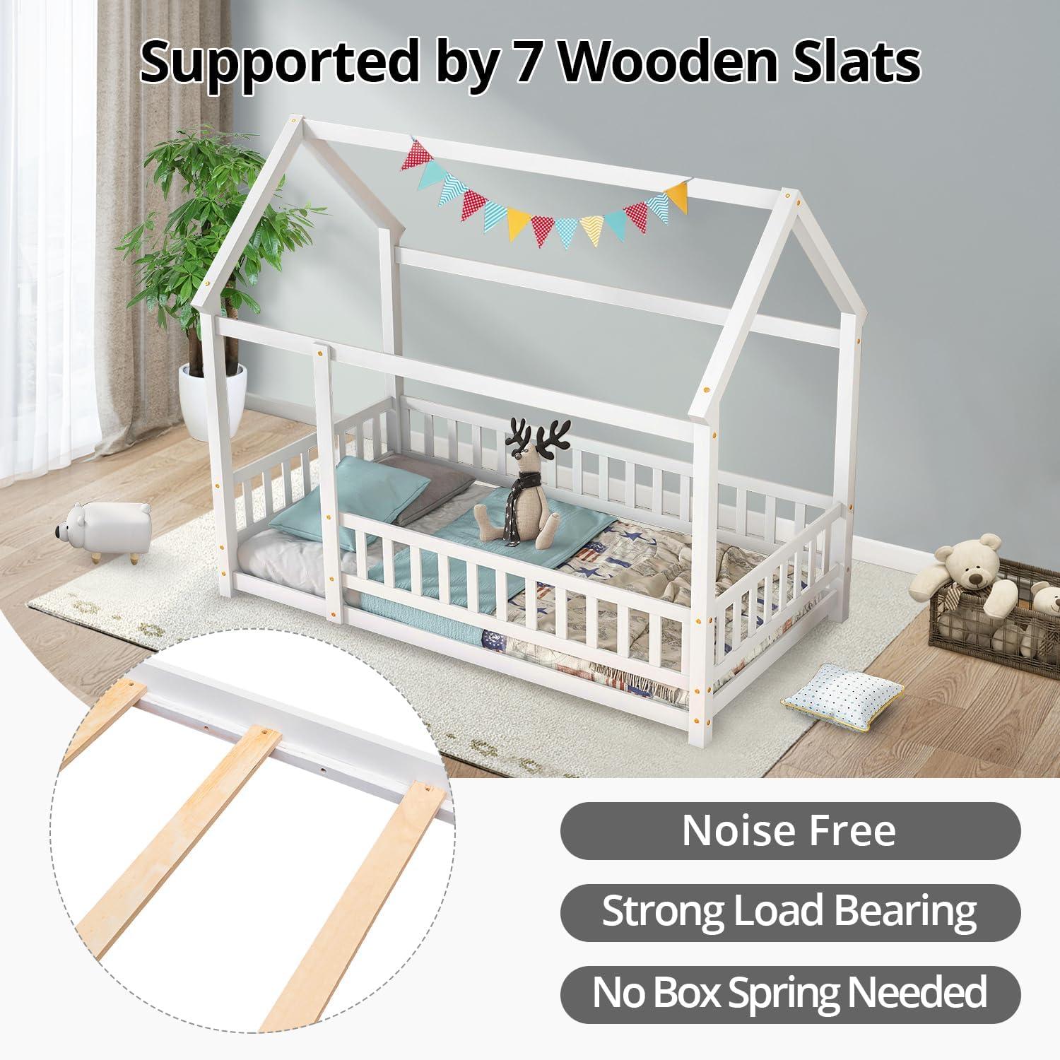 Twin Floor Bed for Kids, Wooden House Bed Frame with Roof, Fence Guardrails, Montessori Bed for Toddlers Girls Boys, Gray