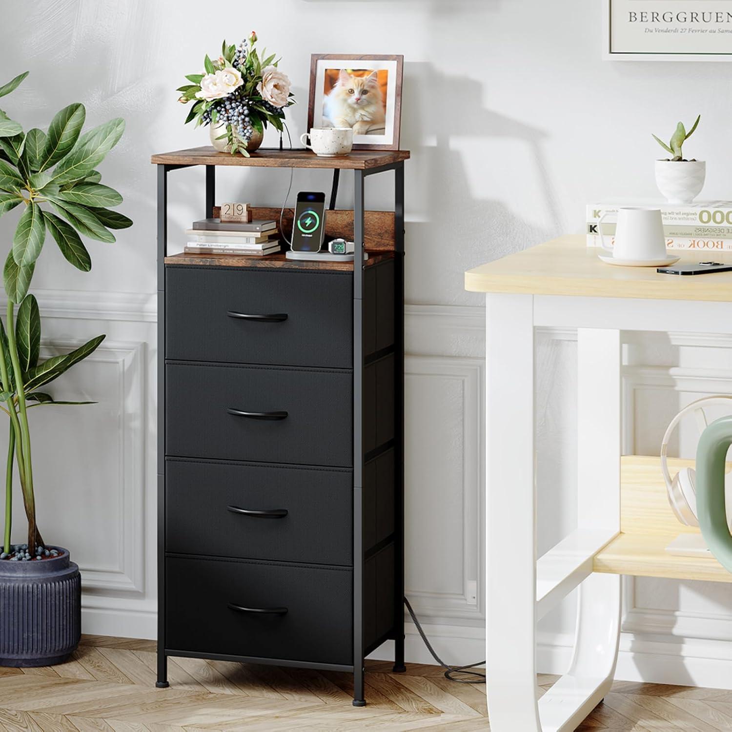 Eunos Black Dresser for Bedroom, 4 Drawer Nightstand with Charging Station, LED and Open Shelf