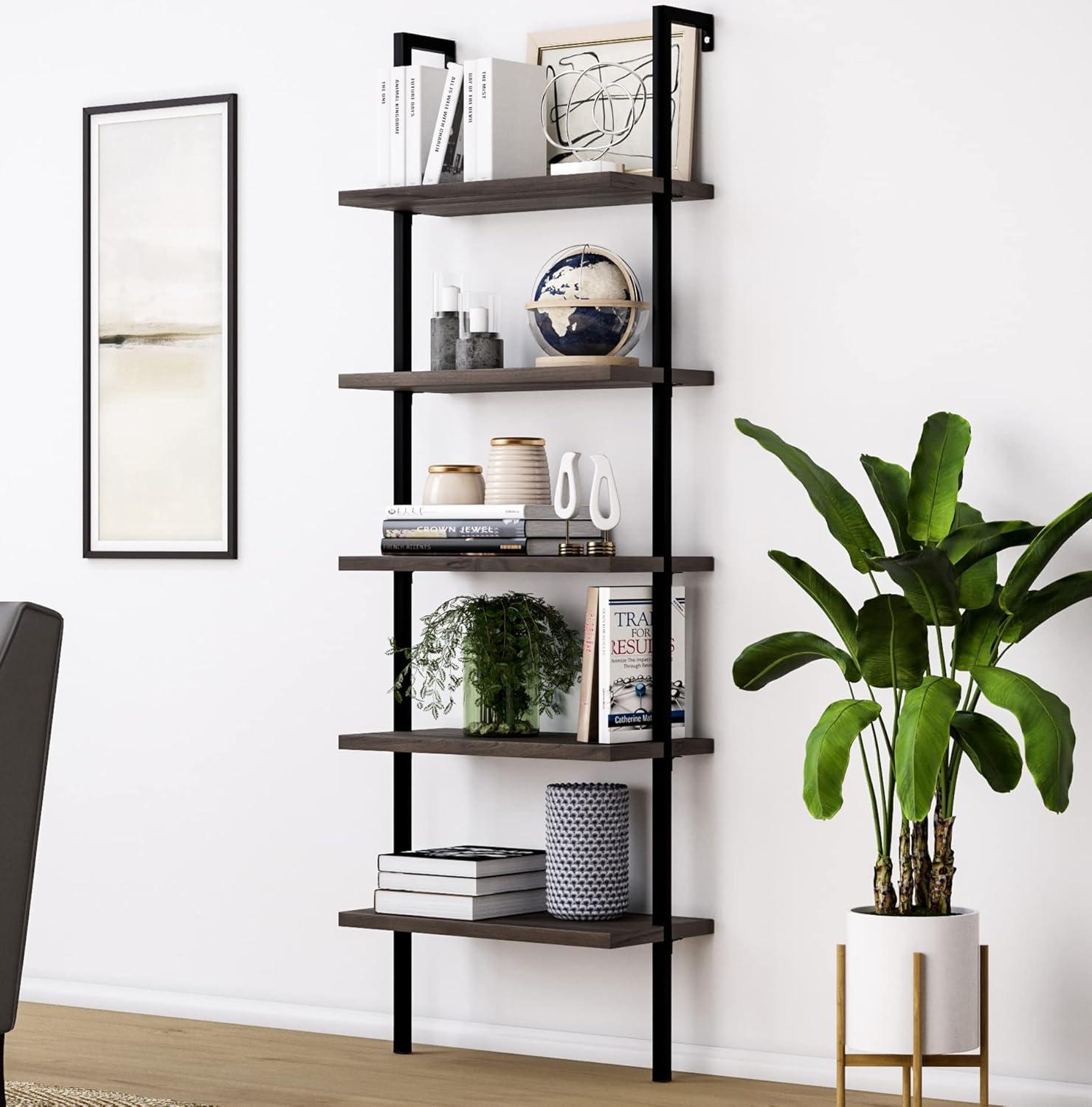 SESSLIFE Industrial Ladder Shelf, 5-Tier Wood Wall-Mounted Bookcase with Stable Metal Frame, 70 Inches Storage Rack Shelves Display Plant Flower, Stand Bookshelf for Home Office