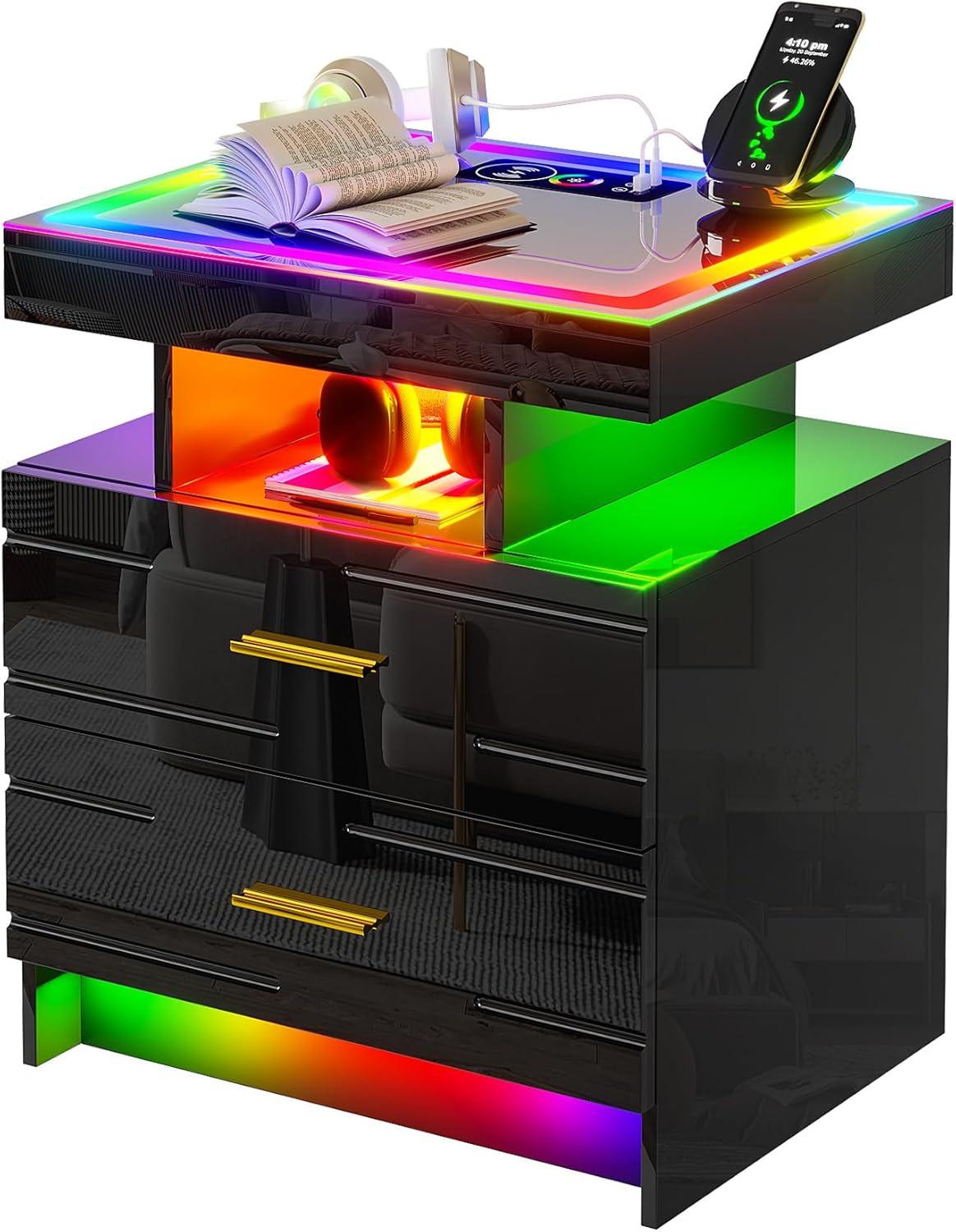 HNEBC Smart LED Nightstand with Wireless Charging & USB Ports, High Glossy Night Stand with 3 Drawers and 1 Pull-Out Tray, Modern Bedside Table with Human Sensor for Bedroom (White)