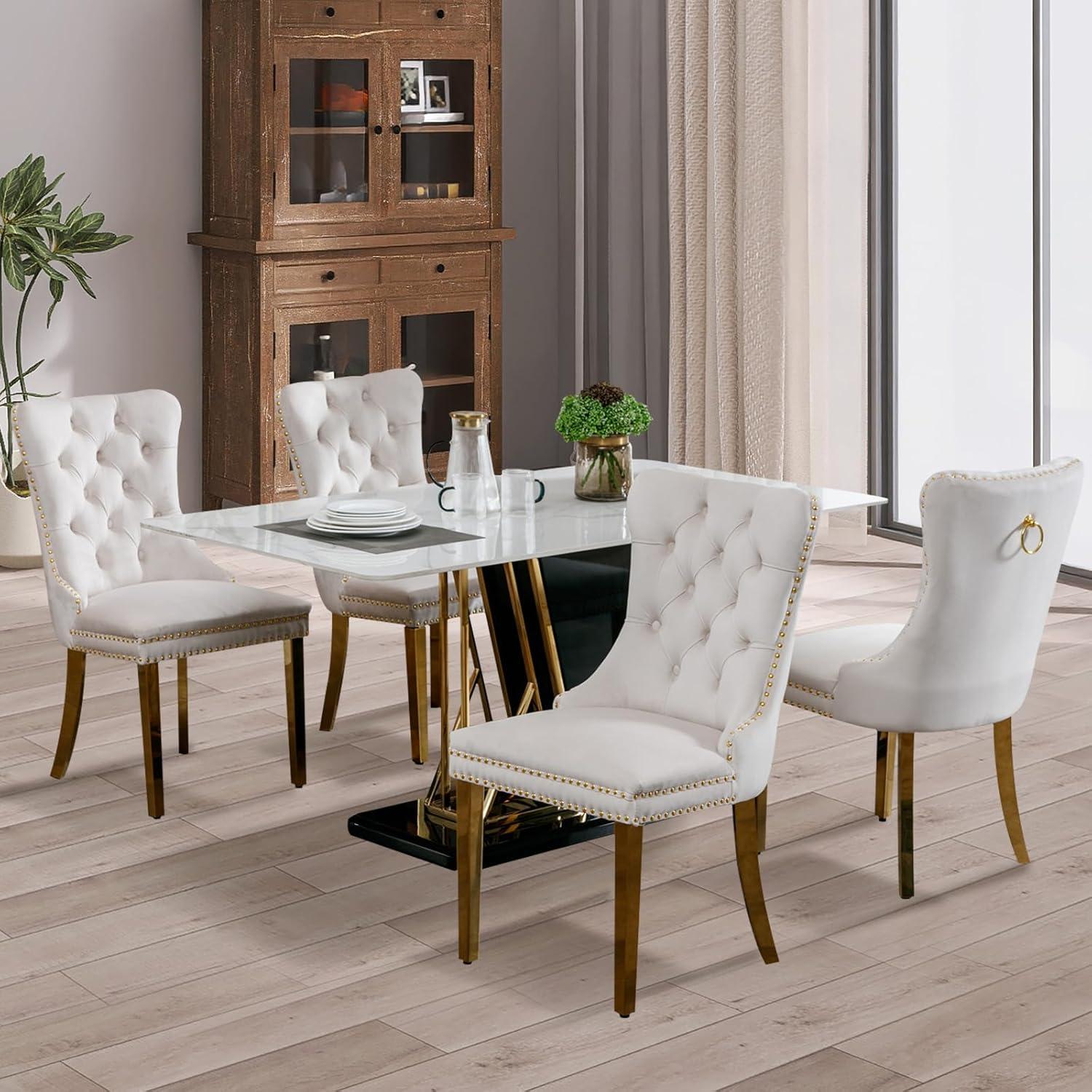 SoarFlash Velvet Dining Chair Set of 4, Upholstered Tufted Dining Room Chair with Nailhead Trim, Solid Gold Plated Leg for Kitchen (Beige)