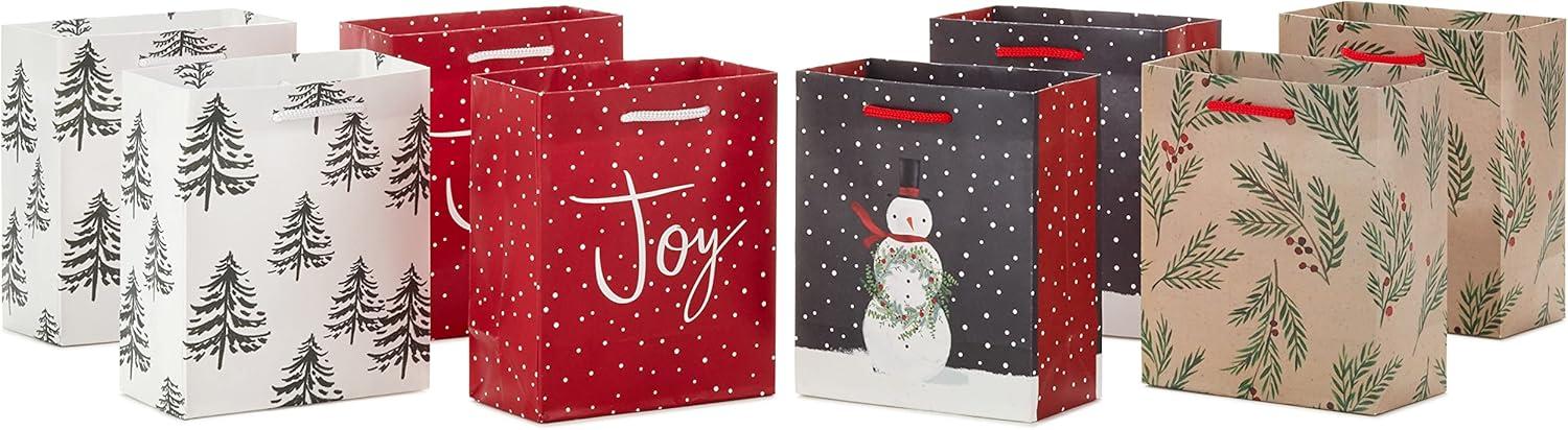 Hallmark 6" Small Holiday Gift Bags (8 Bags: Winter Foliage, Rustic Snowman, "Joy" on Red, Black and White Trees)