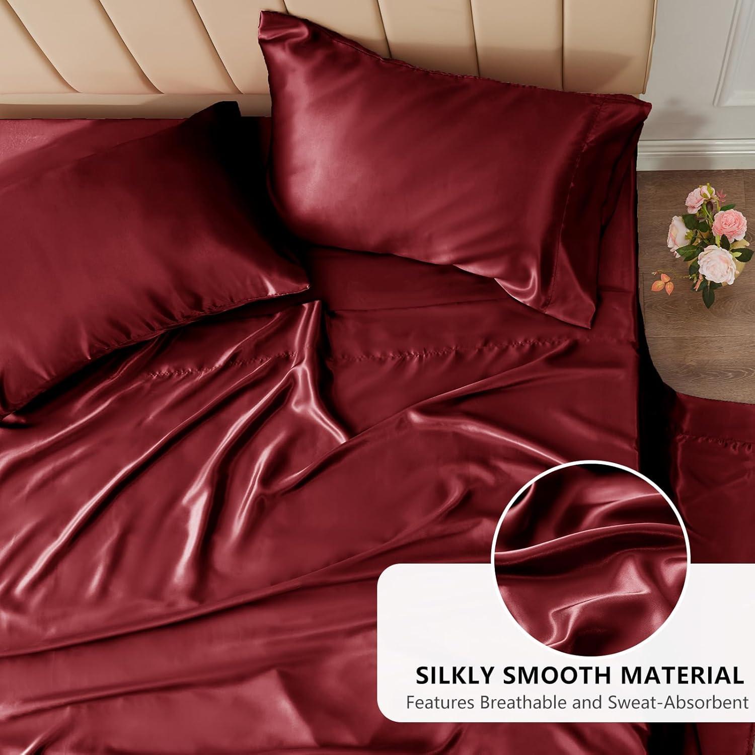 Cloud Fino Luxurious Satin Bed Sheets Burgundy Silk Sheets King 15 " Deep Pocket Pillowcases Sheet, 4-Piece