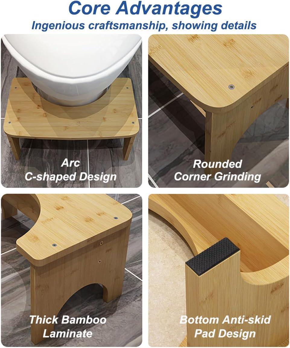 Bamboo Toilet Stool for Adults, 6.5" Toilet Stool Squat Adult Kids, Portable Simple Curve Squat Toilet Potty Stool, Non-Slip Poop Stool for Bathroom, Improve Squatting Posture and Comfort (Wood)