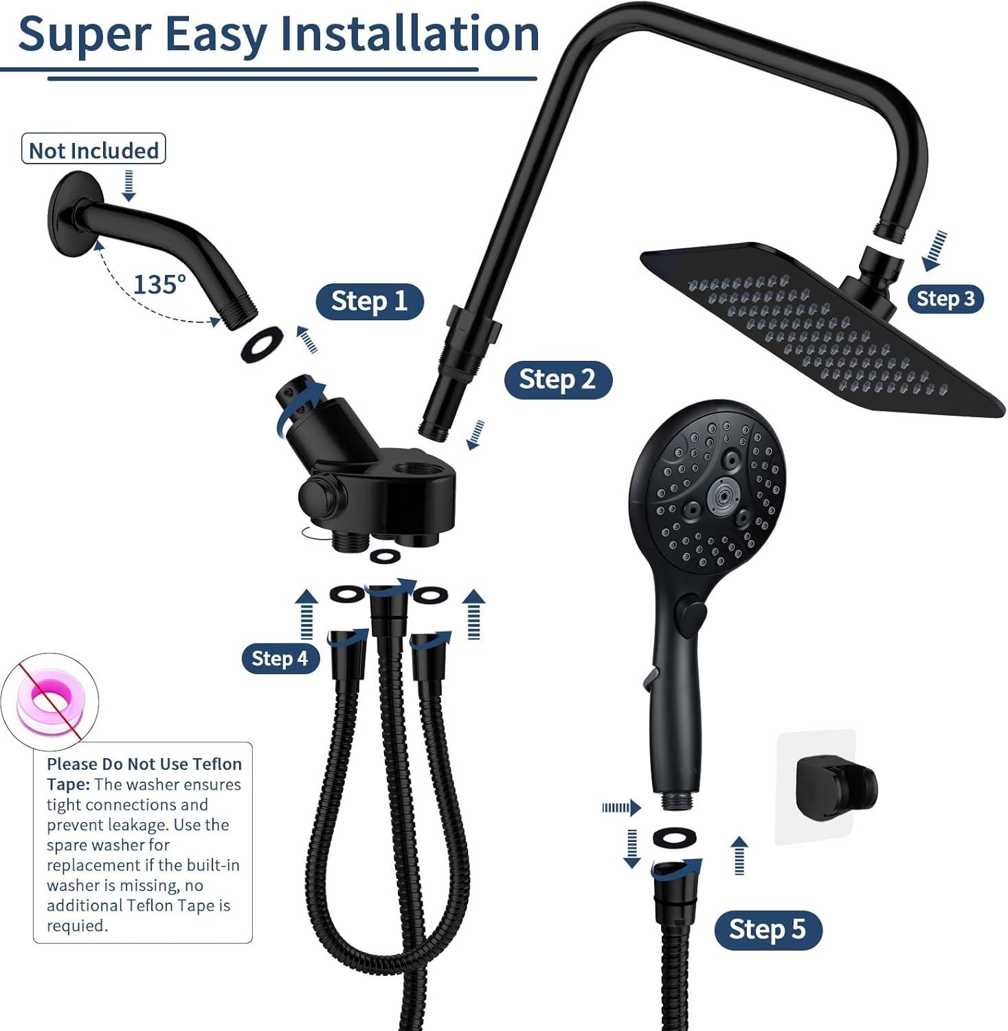 Black Dual Shower Head Combo with Adjustable Slide Bar and Filter