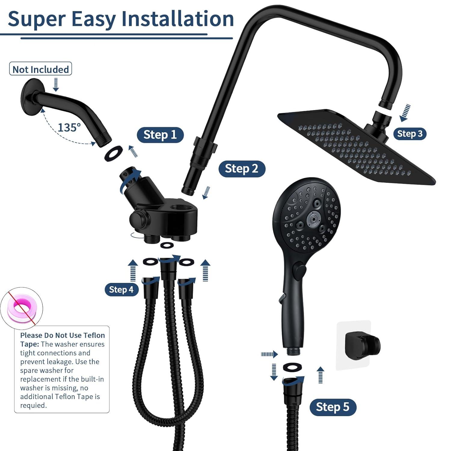 8" Dual Shower Head Combo, Rainfall Shower Head with Handheld, 6 Spray Settings Angle Adjustable Handheld Shower Head with Pause, Height Adjustable, Matte Black