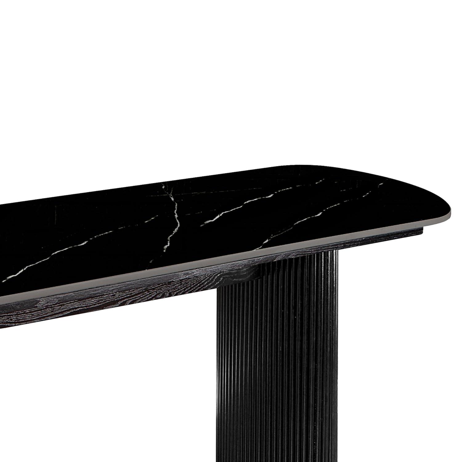 Black Marble Top Console Table with Fluted Wooden Base