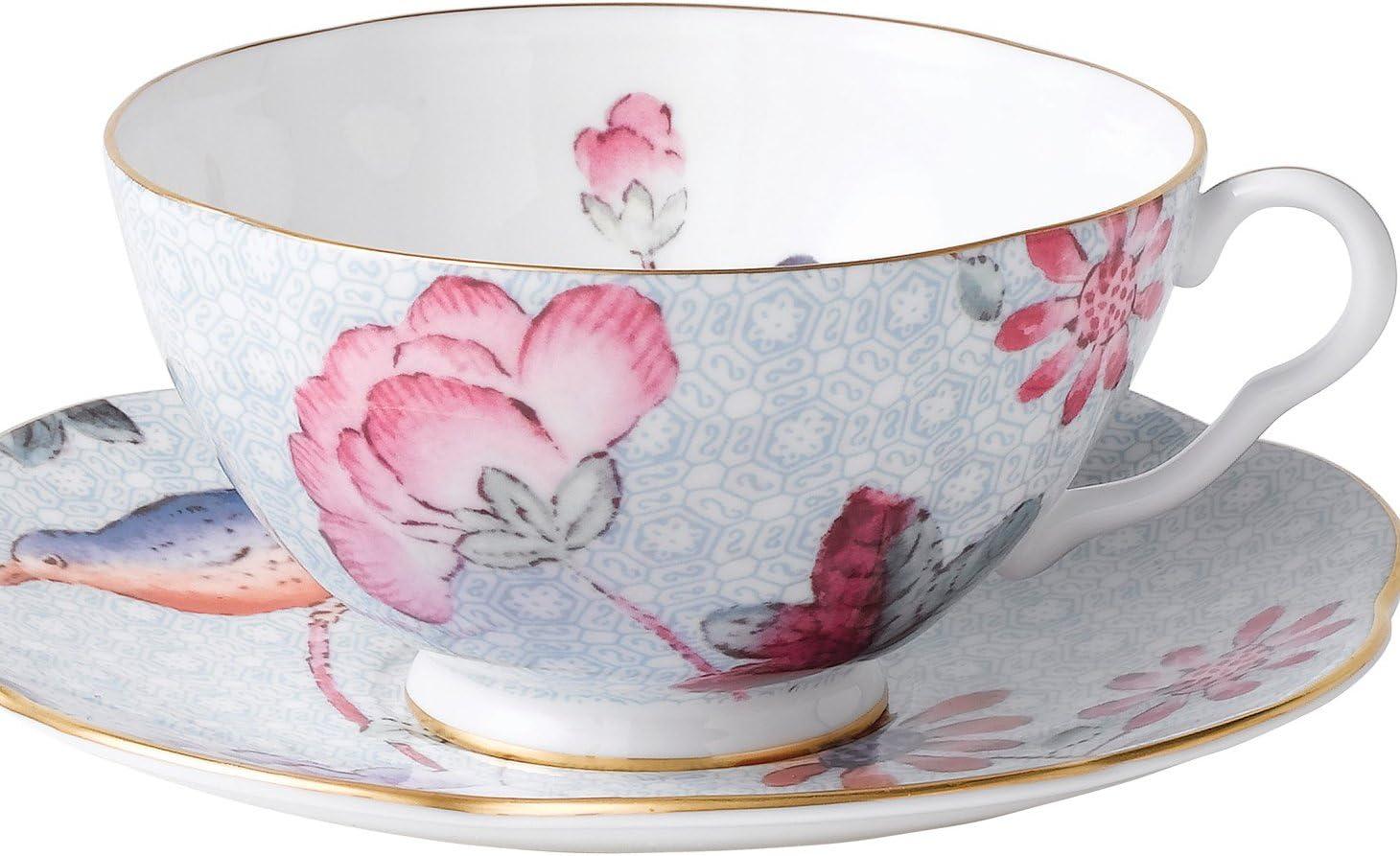 Wedgwood Cuckoo Blue Floral Porcelain Teacup and Saucer Set