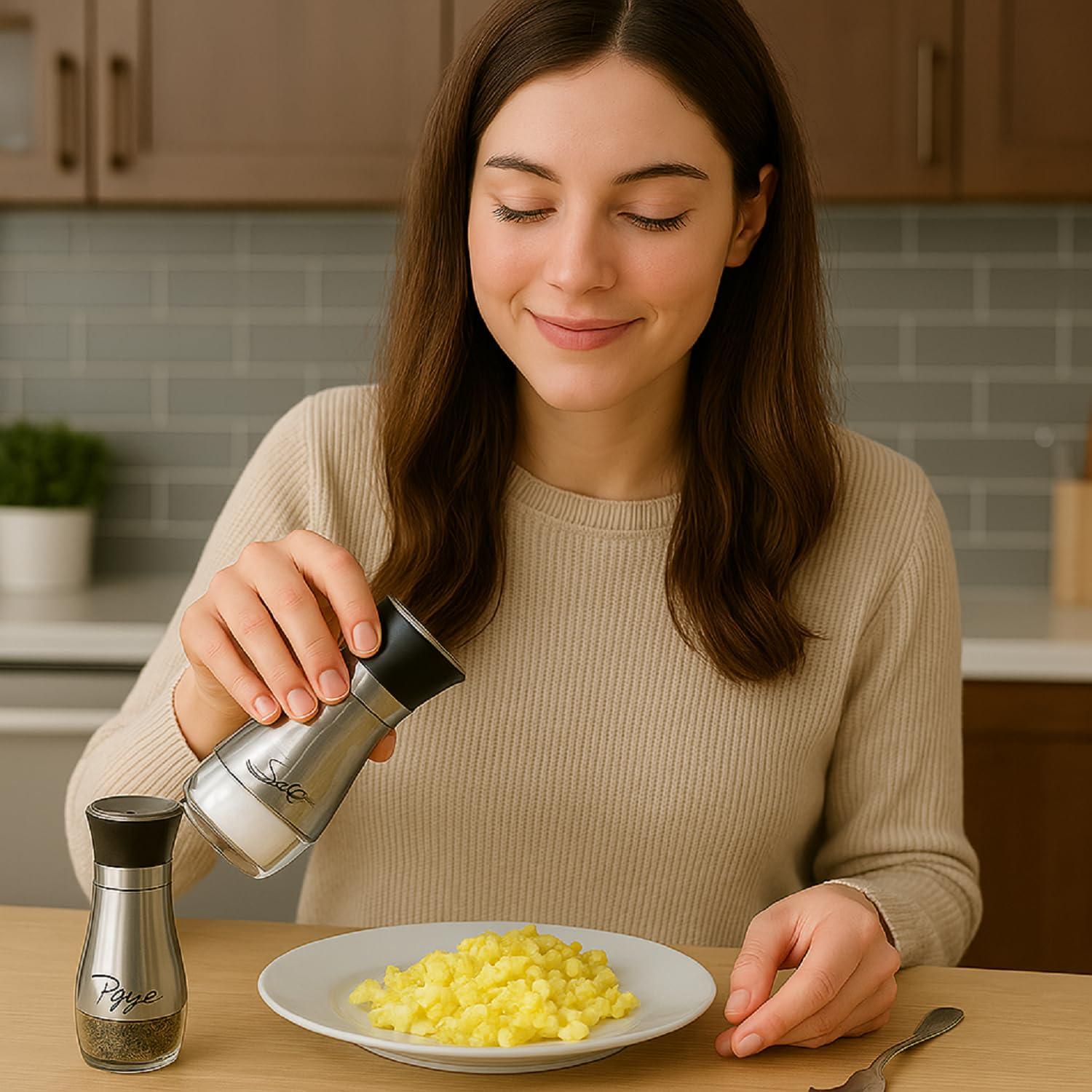 Juvale Stainless Steel Salt and Pepper Shakers Set with Glass Bottom, Perforated "S" and "P" Caps - Modern Kitchen Decor (4oz)