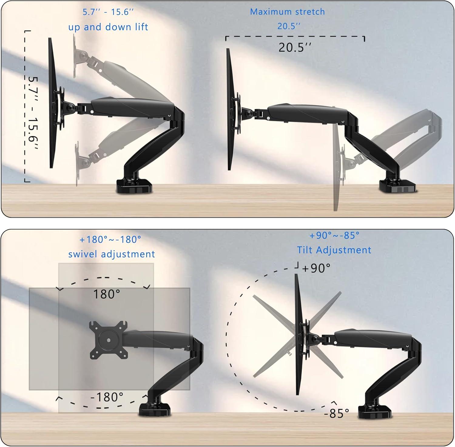 Adjustable Black Aluminum Single Arm Monitor Stand