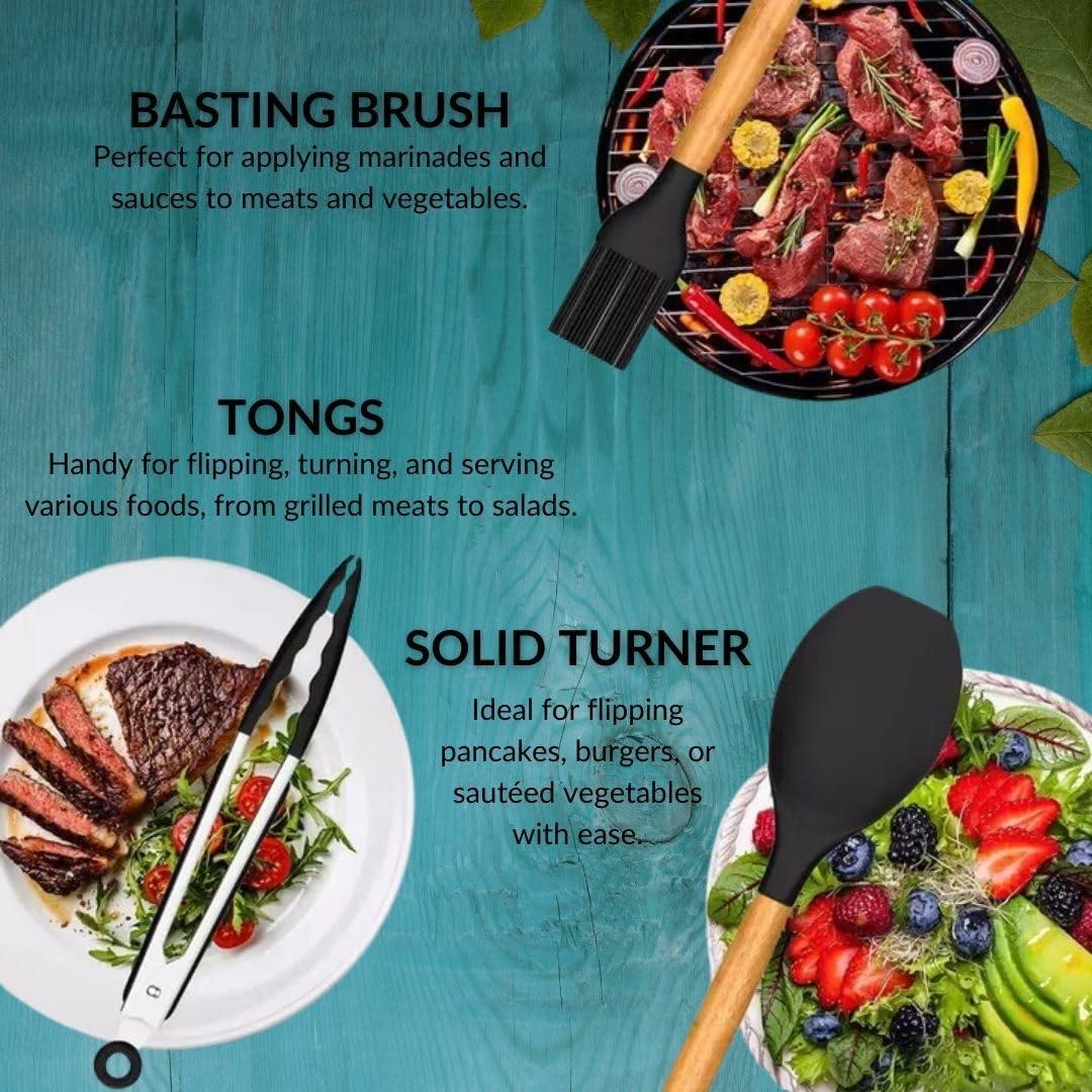 33 Pcs Silicone Kitchen Utensils Set, Khaki Kitchen Cooking Utensils Set with Natural Hard Wood Handle, Silicone Utensils Set with Holder, Heat Resistant, BPA Free, Non Toxic