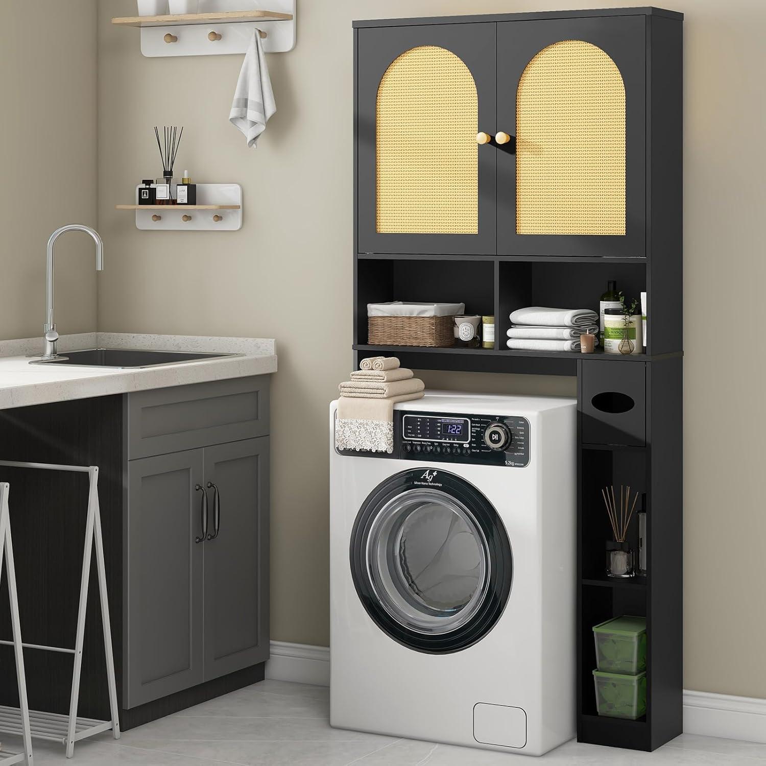 Bayou Breeze Over The Toilet Storage Cabinet, Rattan Storage Cabinet with 2 Doors & Toilet Paper Holder Stand, Freestanding Toilet Rack Space Saving and Adjustable Shelf