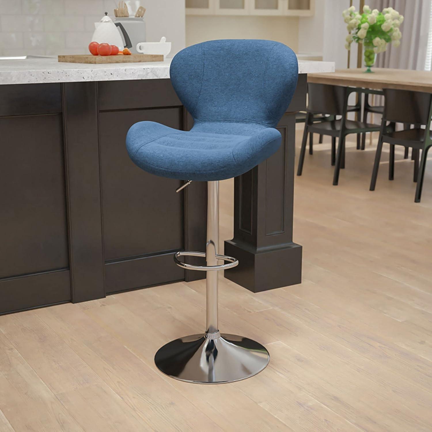 Curvaceous Blue Fabric and Chrome Adjustable Swivel Barstool