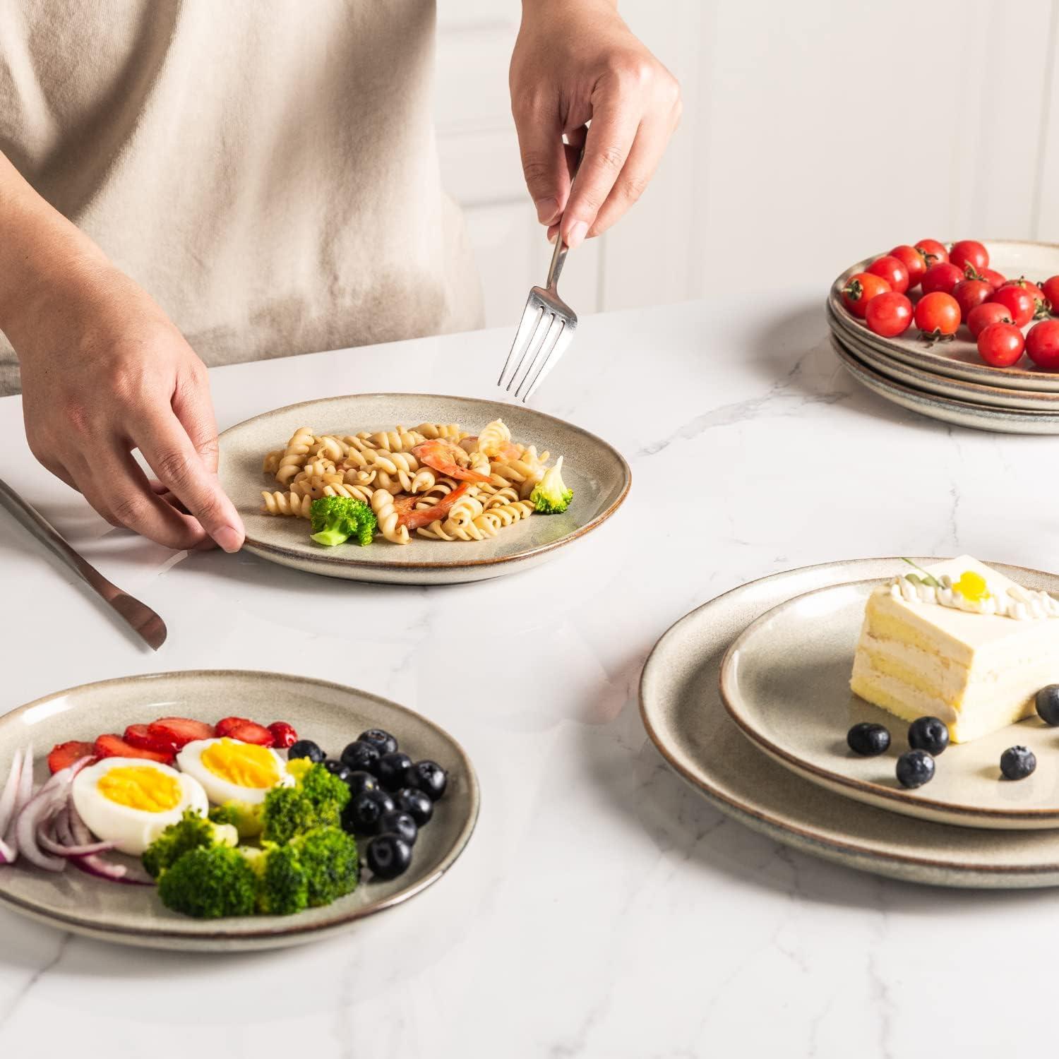 Handmade Reactive Glaze Stoneware Plates Set of 6 - Beautifully Crafted, Sturdy and Rustic Ceramic Plates for Dessert, Salad, and More - Unique Design with Raised Edge - Stackable and Easy to Handle