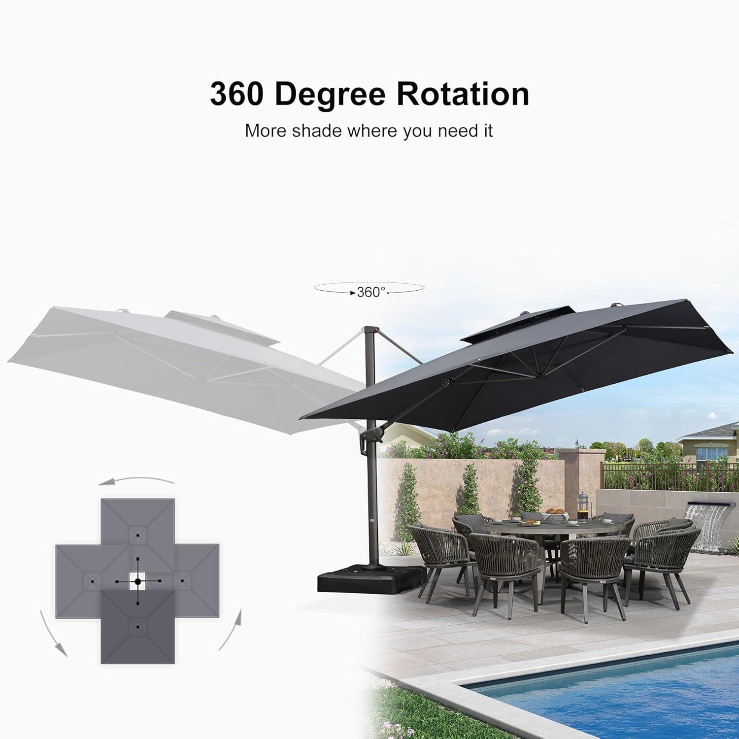 PURPLE LEAF Outdoor Cantilever Umbrellas 12FT Square Large Patio Umbrella Offset Umbrella with 360°Rotation Tilting And Hanging Double Top, Grey