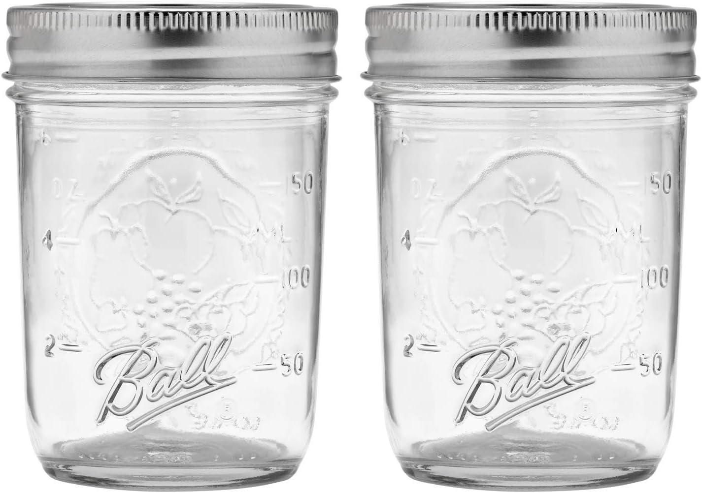 Regular Mouth Mason Jars 8 oz - (2 Pack) - Ball Regular Mouth Half Pint 8-Ounces Mason Jars with White M.E.M Food Storage Plastic Lids