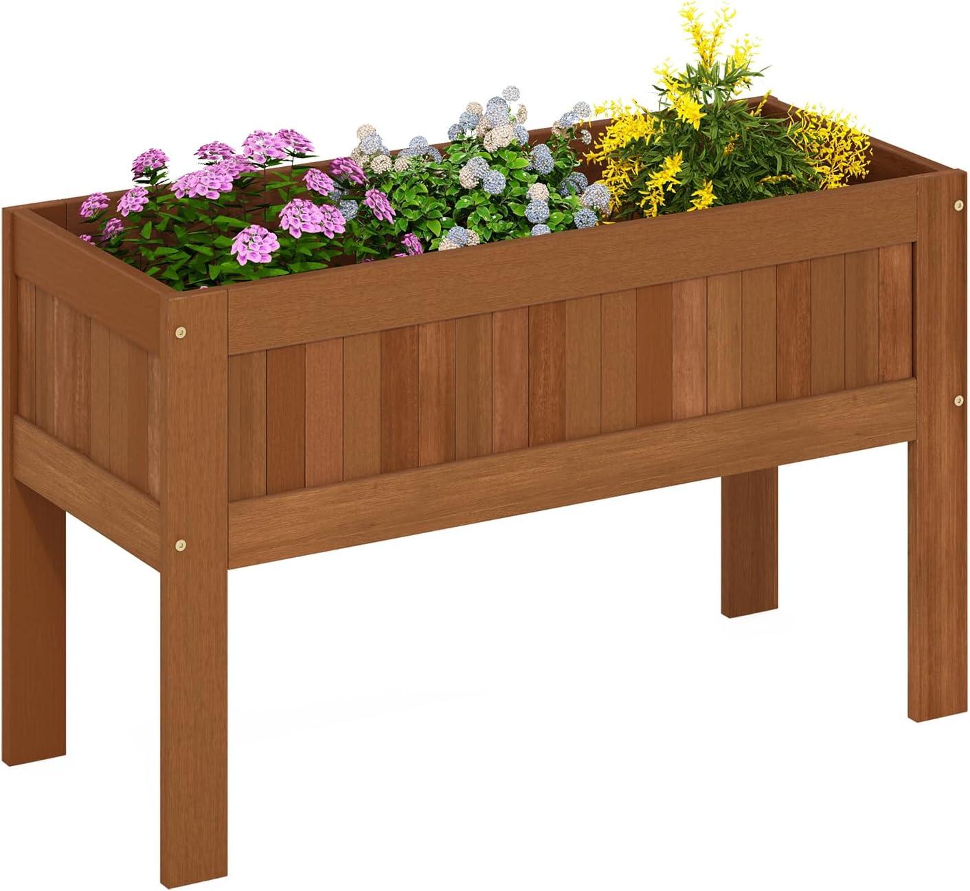 Furinno Tioman Outdoor Elevated Standing Planter Box, Raised Garden Bed with Legs, Natural