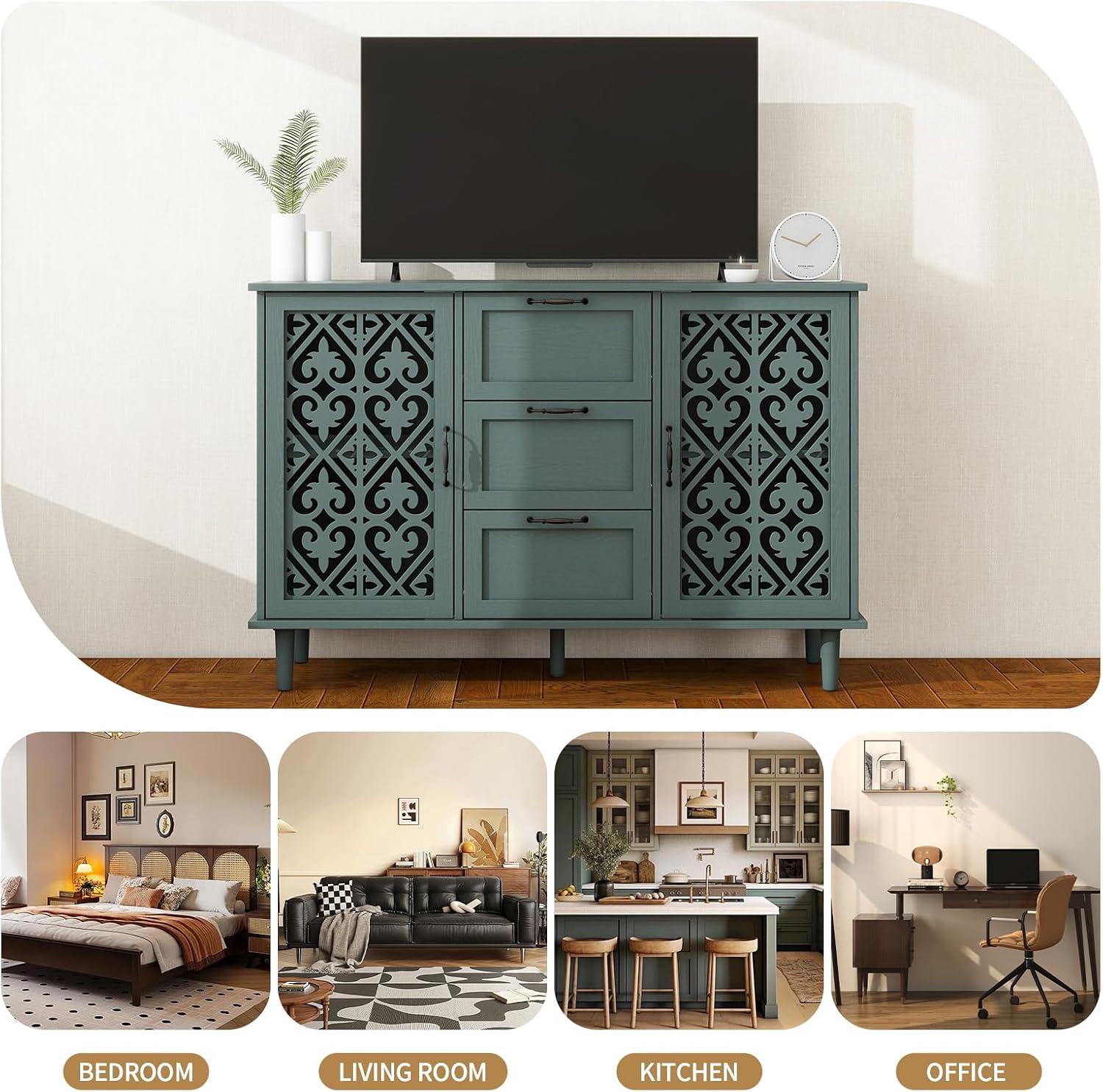 Lunale 47.24" Retro Hollow-Carved 2-Door Cabinet with 3 Drawers, Storage Sideboard Buffet Accent Cabinet for Living Room, Dark Green