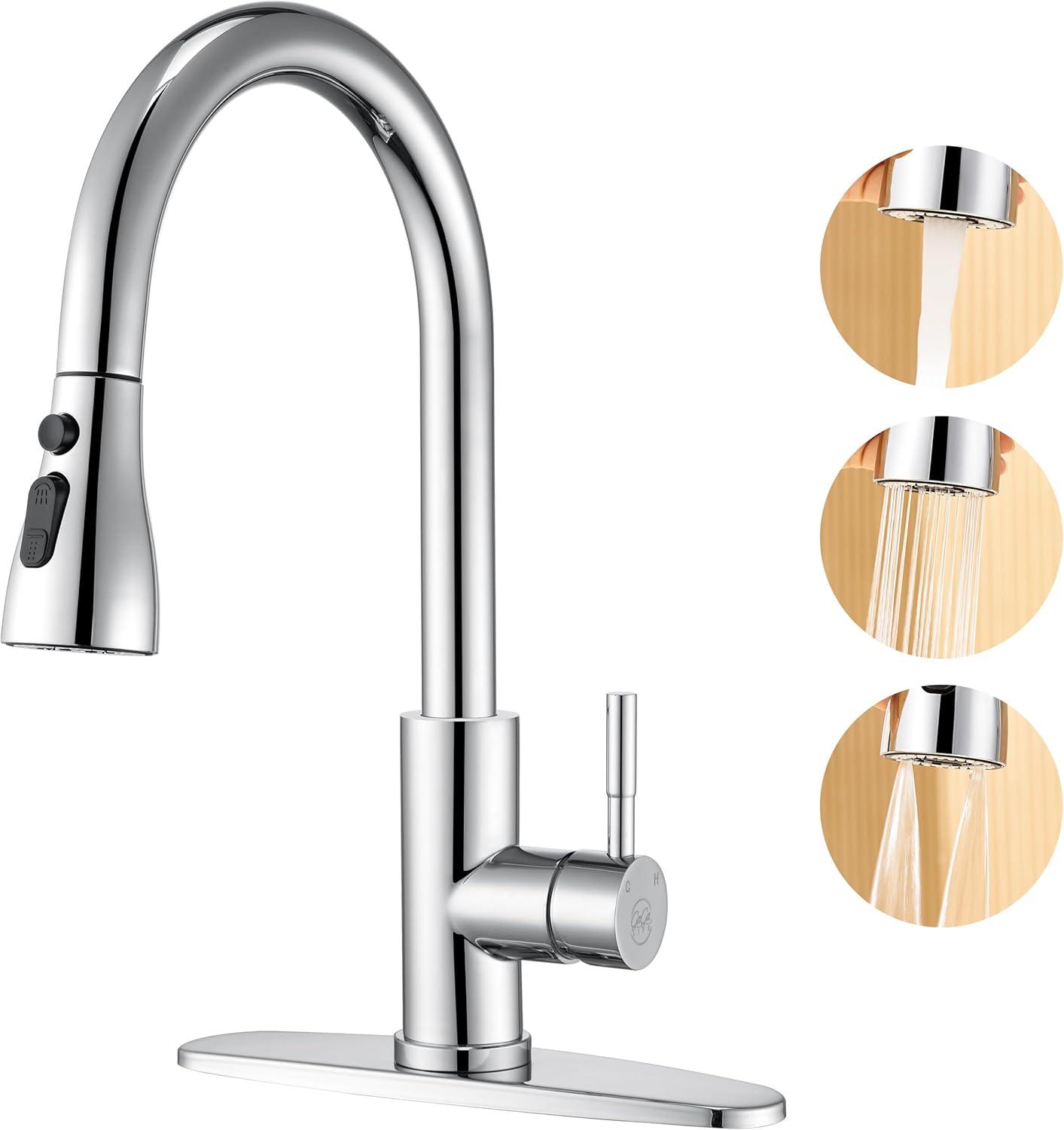 Single Handle Pull Down Sprayer Kitchen Faucet High Arc Stainless Steel Faucet with 3-Function Sprayer