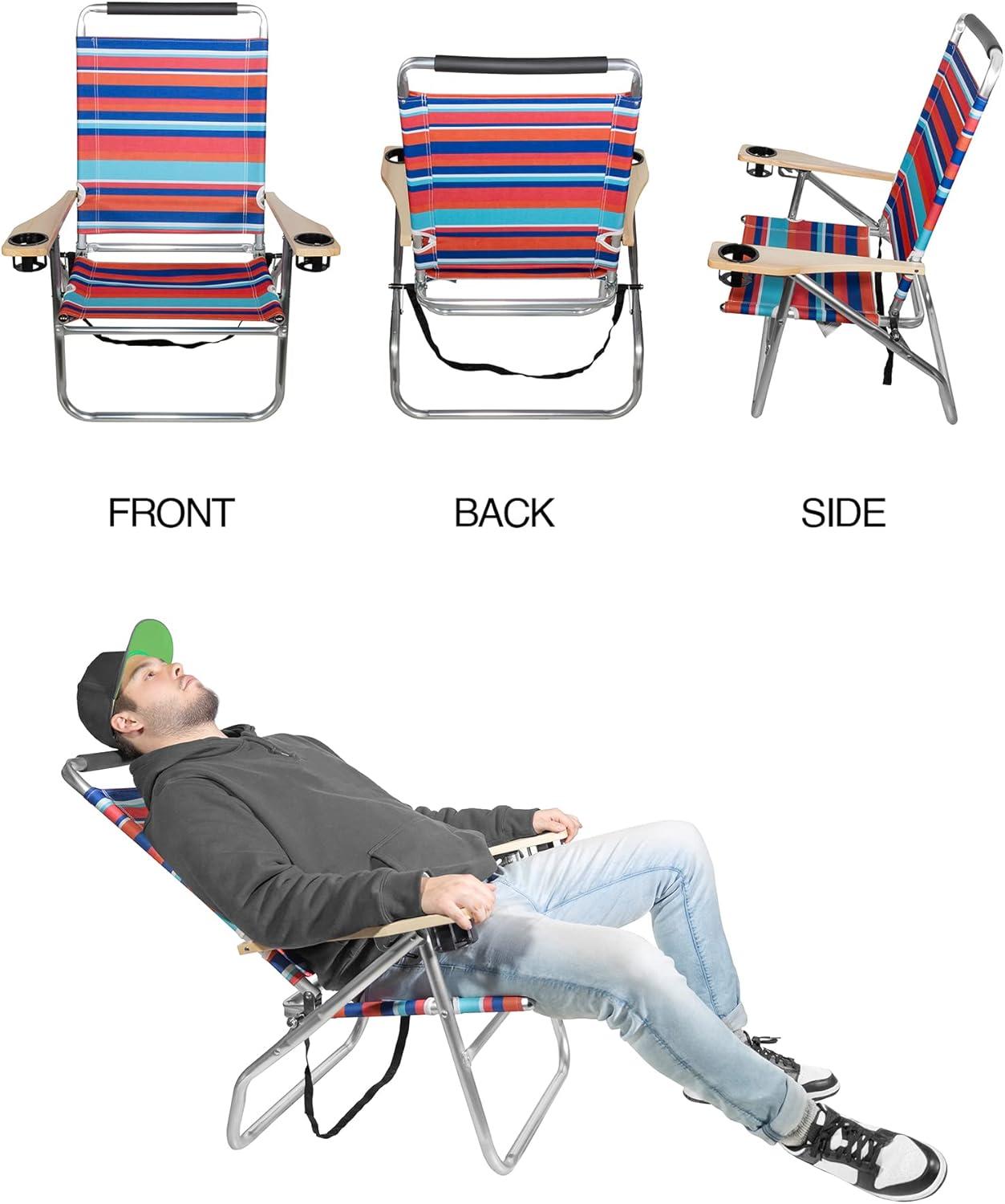 Garden Elements Colorful Foldable Reclining Aluminum Beach Chairs with Cupholders and Carrying Strap, Multicolor, Pack of 2