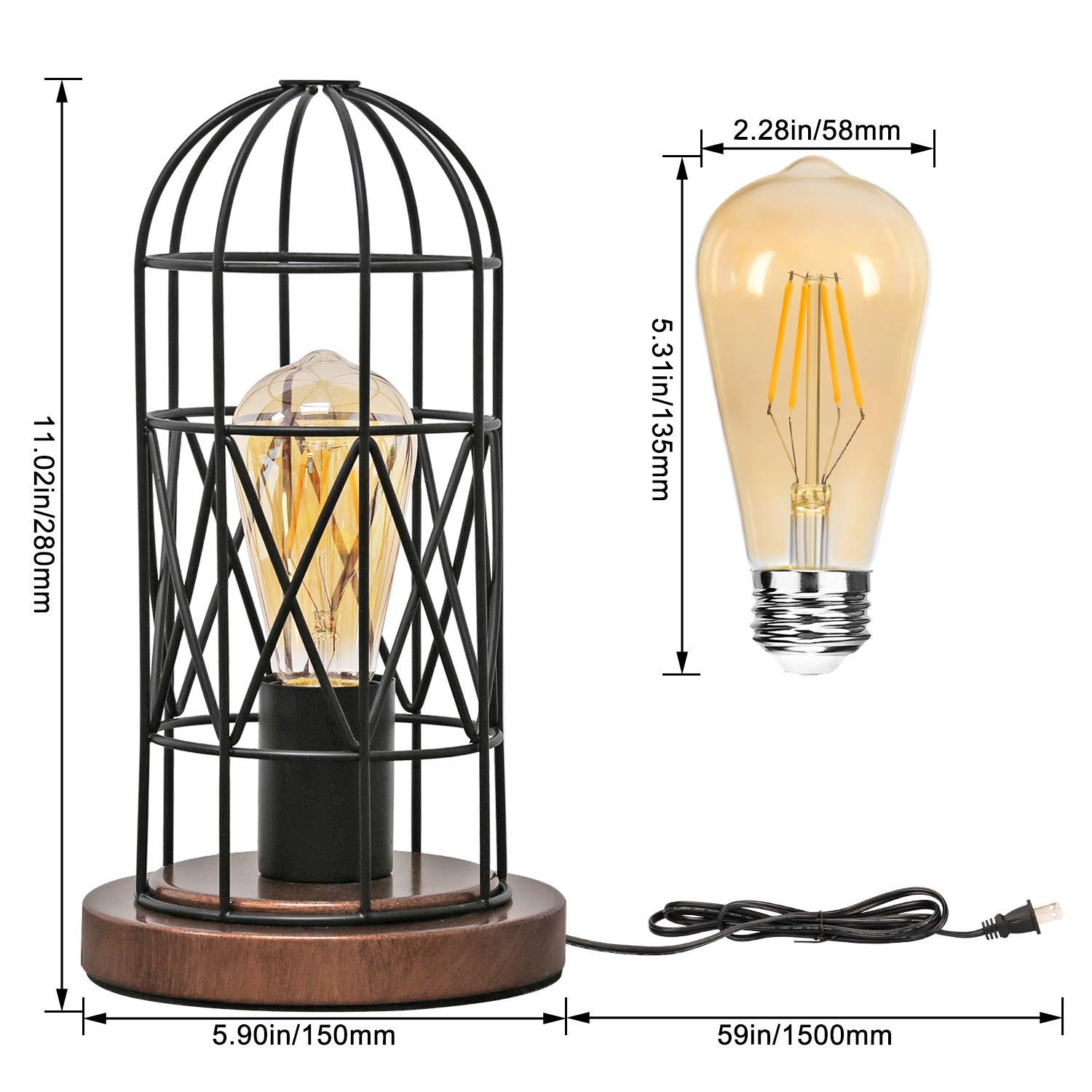 GyroVu Industrial Table Lamp, Small Touch Control Edison Desk Lamp 3 Way Dimmable Vintage Bedside Lamp with AC Outlet Metal Cage Steampunk Nightstand Lamp for Living Room, Bedroom or Den