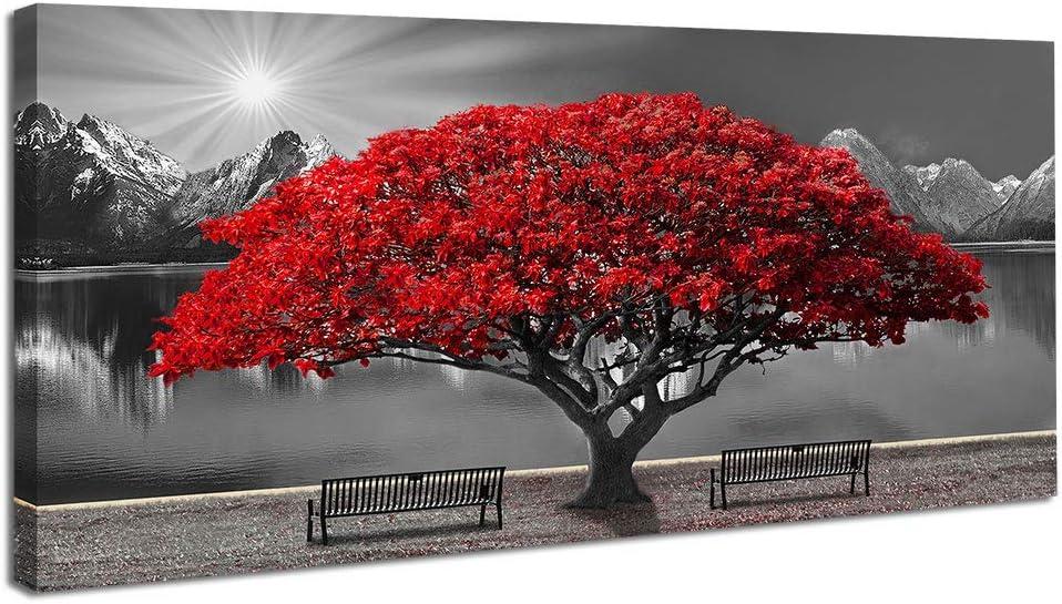 Large Red Tree Landscape Canvas Print with Black Frame