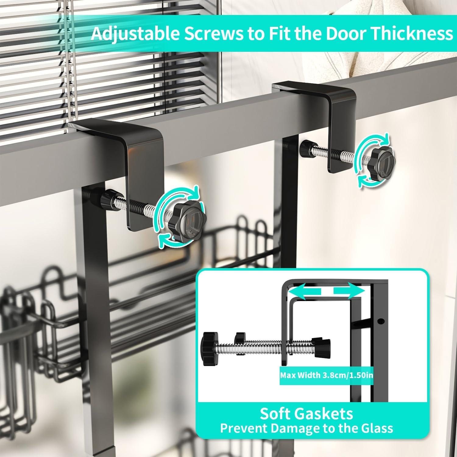 LEFEE 4 Tier Over the Door Shower Caddy, Hanging Shower Caddy with 22 Hooks and 2 Toothbrush Holders, No Drilling Adjustable Hanging Shower Organizer for Bathroom