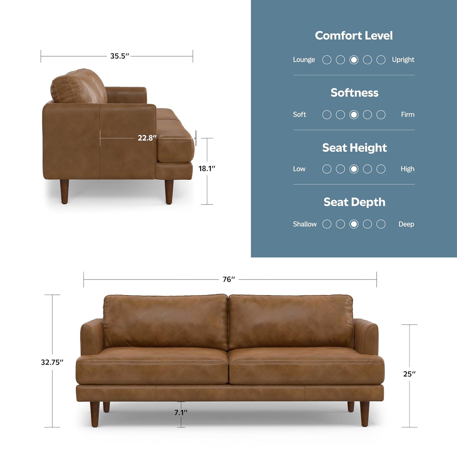 Simpli Home Livingston Top Grain Genuine Leather Mid-Century Modern Sofa With Solid Wood Frame For Living Room