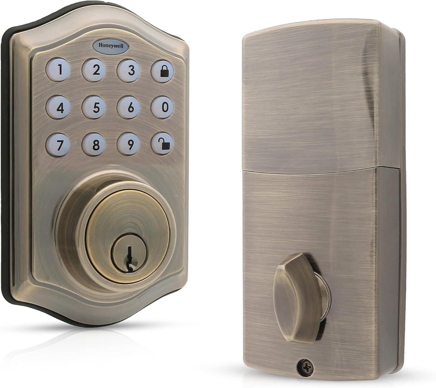 Honeywell Electronic Deadbolt- Antique Brass: Single Cylinder Door Lock, Battery Operated, Steel & Plastic, Light Brown