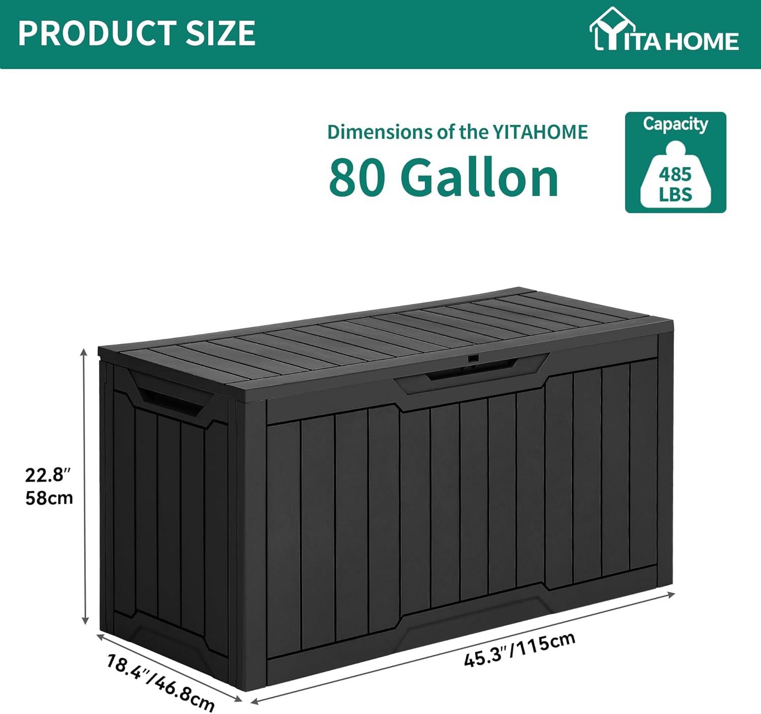 YITAHOME 80-Gallon Waterproof Resin Outdoor Storage Box, Lockable Storage Container for Outdoor Furniture, Cushion Storage, Pool Accessories, Garden Tools and Sporting Gear, Black