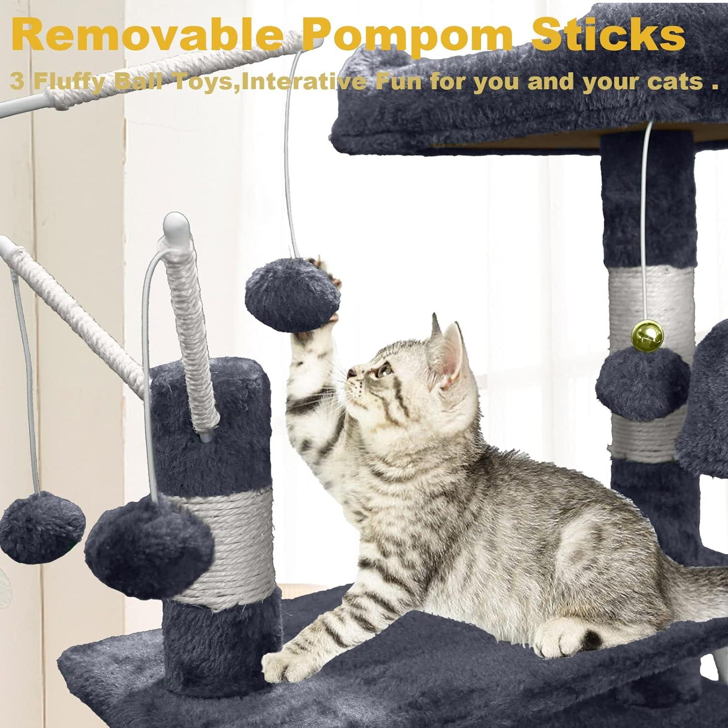 Cat Tree Tower for Indoor Cats,64 inches Large Multi-Level Cat Activity Center with Condos,Scratching Posts,Removable Fur Ball Sticks(Dark Grey002)