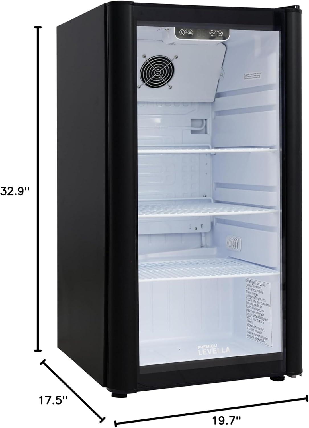 Premium Levella PRF37DX Glass Door Display Refrigerator 3.1 cu ft Commercial Beverage Cooler Merchandiser - Black