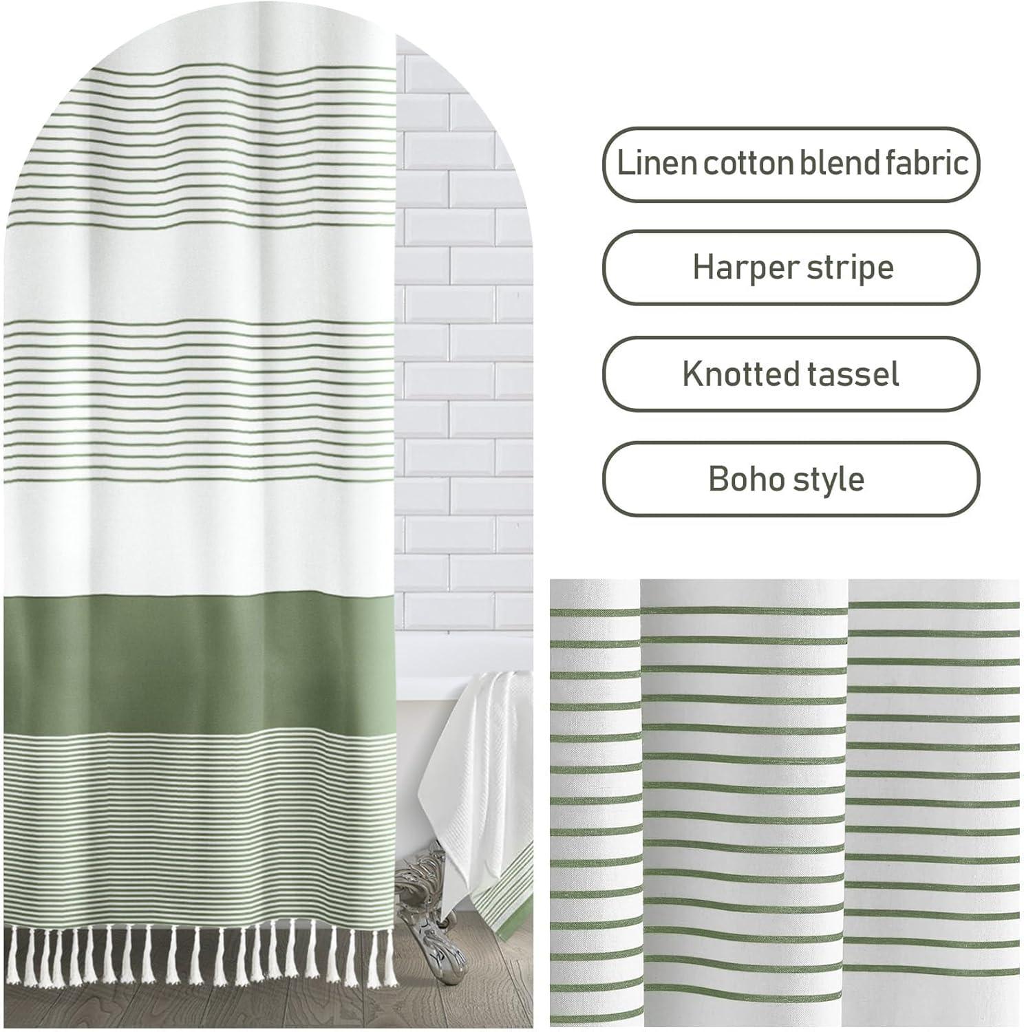 Sage Green and White Striped Boho Shower Curtain with Tassels