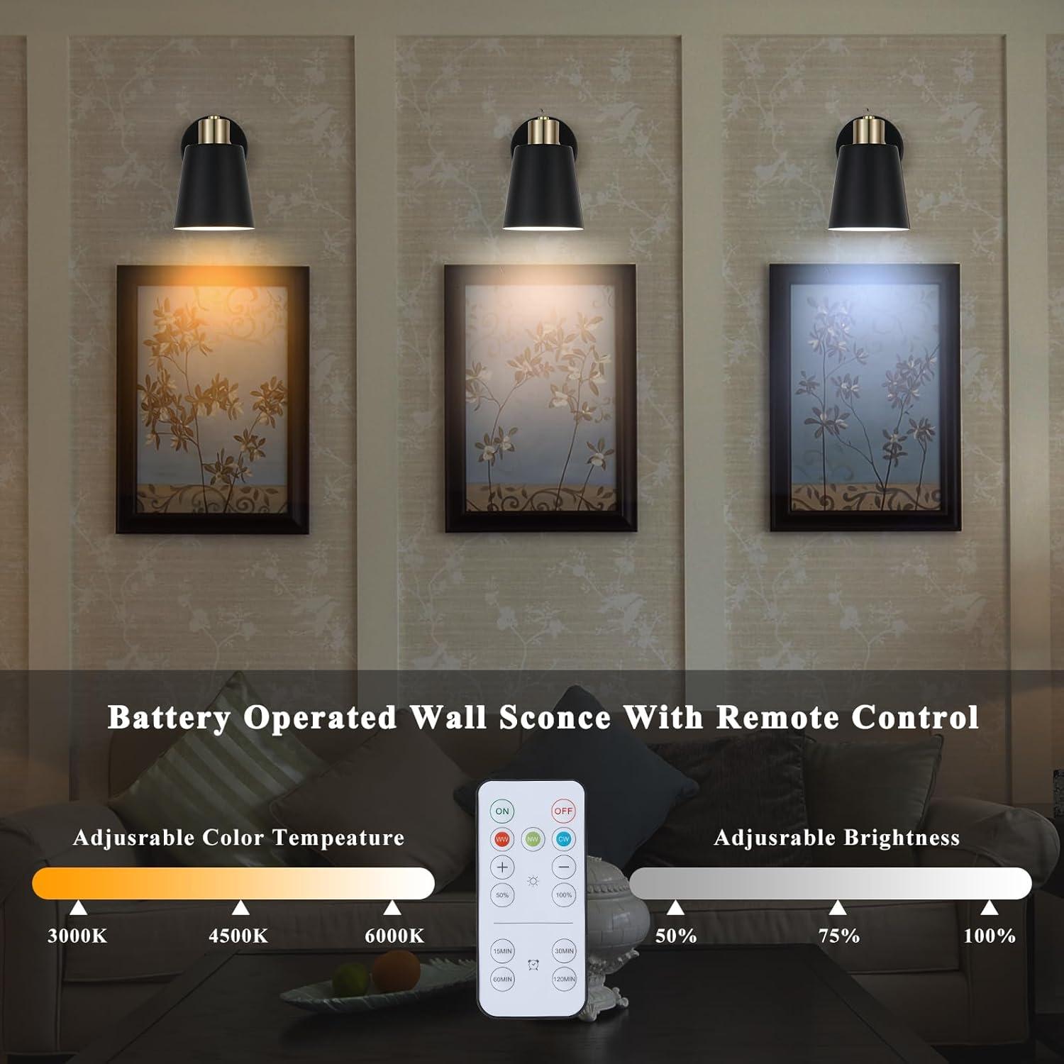 Battery Operated Wall Sconce Set of Two, Modern with Remote Control Dimmable Wall Lighting Indoor
