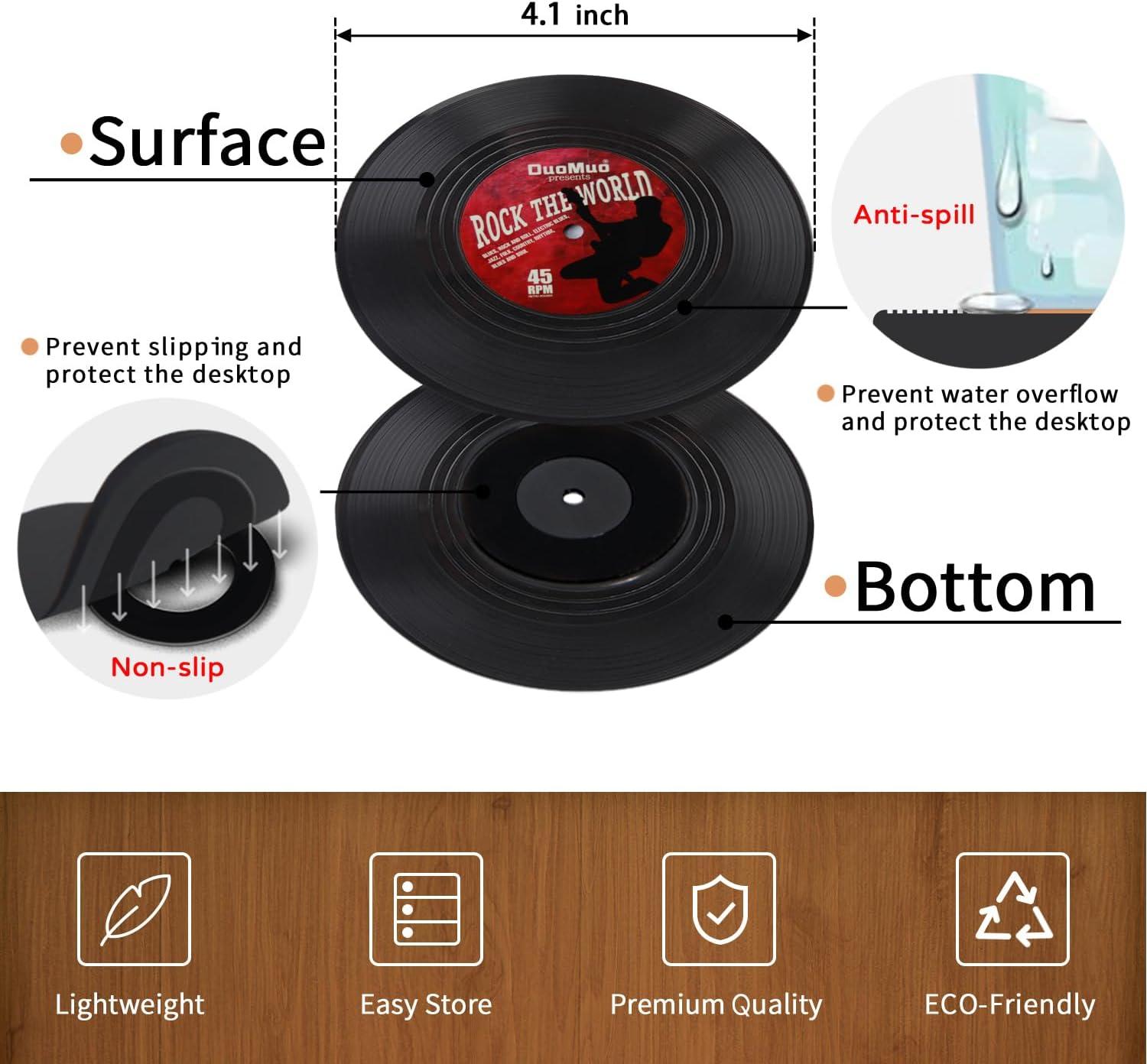 Funny Retro Record Coasters for Drinks with Vinyl Player Holder for Music Lovers,Set of 6 Conversation Piece Sayings Drink Coaster,Housewarming Hostess Wedding Registry Gift Ideas