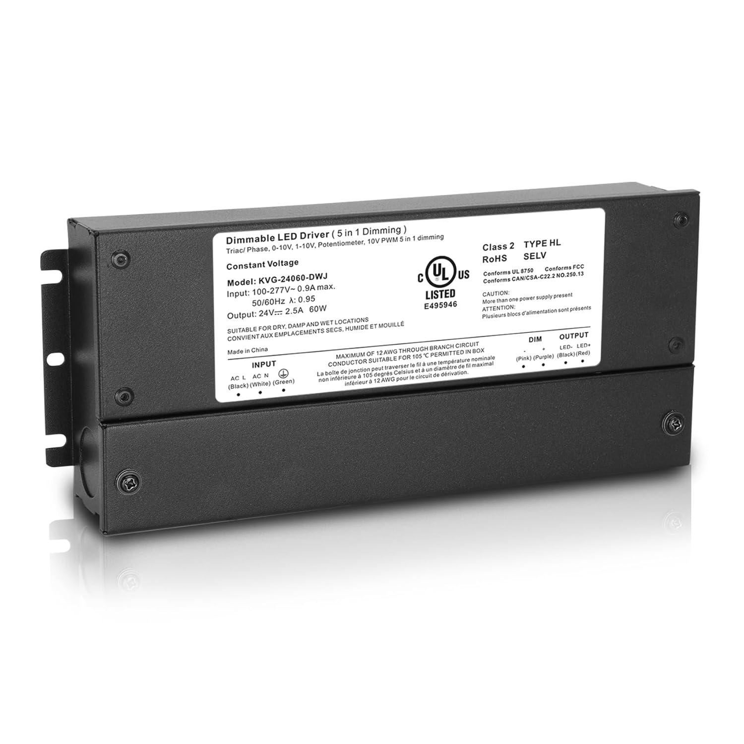 60W Dimmable LED Driver 24V, AC to DC Triac Dimmable Transformer Power Supply, Dimming LED Driver, Compatible with lutron and leviton Dimmer, TRIAC/Phase/0-10V /1-10V/Potentiometer/10V PWM UL Listed