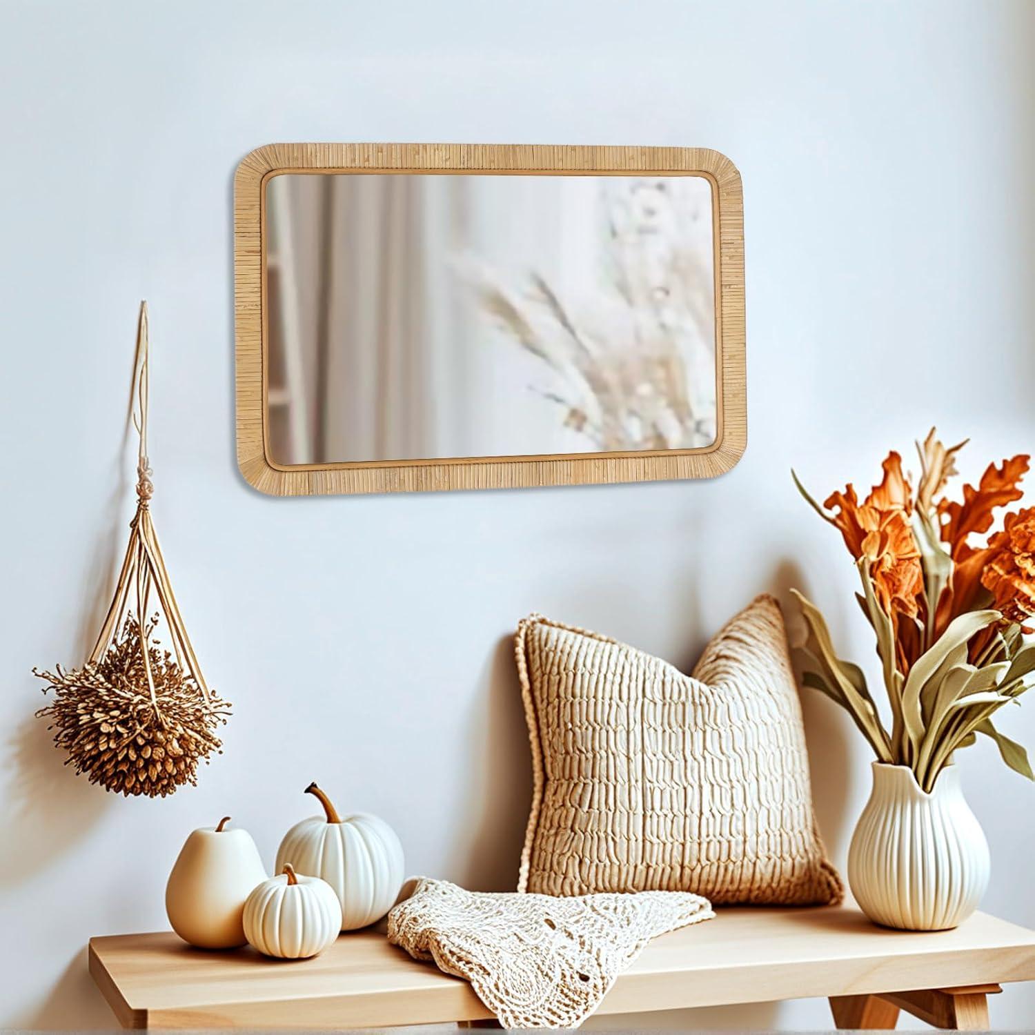 Barnyard Designs Rattan Bathroom Mirror – Rustic Farmhouse Style Handmade Wicker Rattan Frame - Boho Mirror for Nursery Wall Décor (20" x 30", Rectangular)