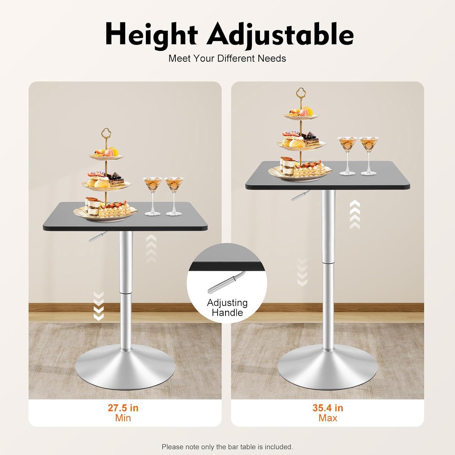 Square Bar Table, Modern Pub Table, 360° Swivel Cocktail Table, Adjustable Height with Black Top, Stainless Steel Leg and Base