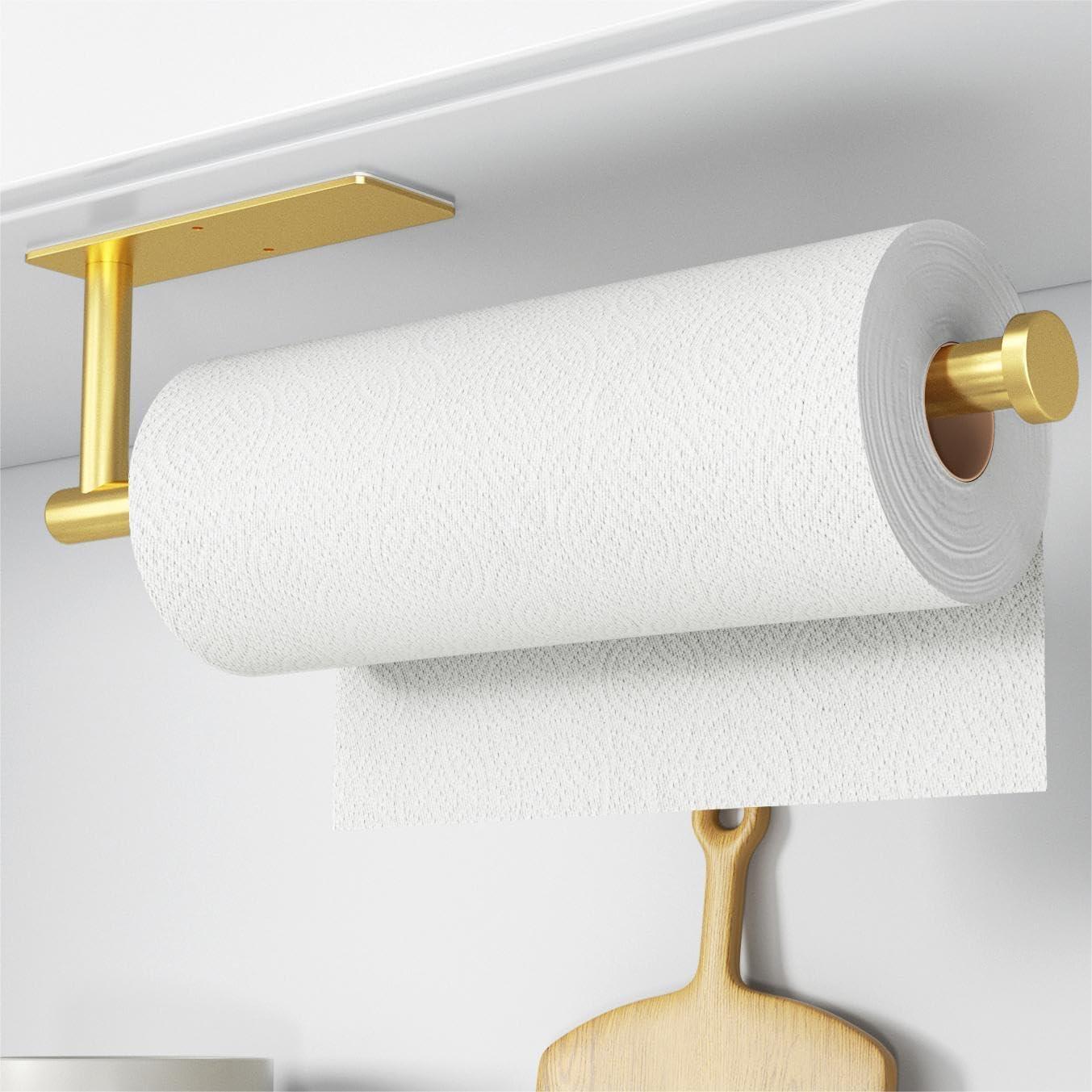 Paper Towel Holder- Self Adhesive or Drilling Gold Stainless Steel Wall Mount Towel Holder