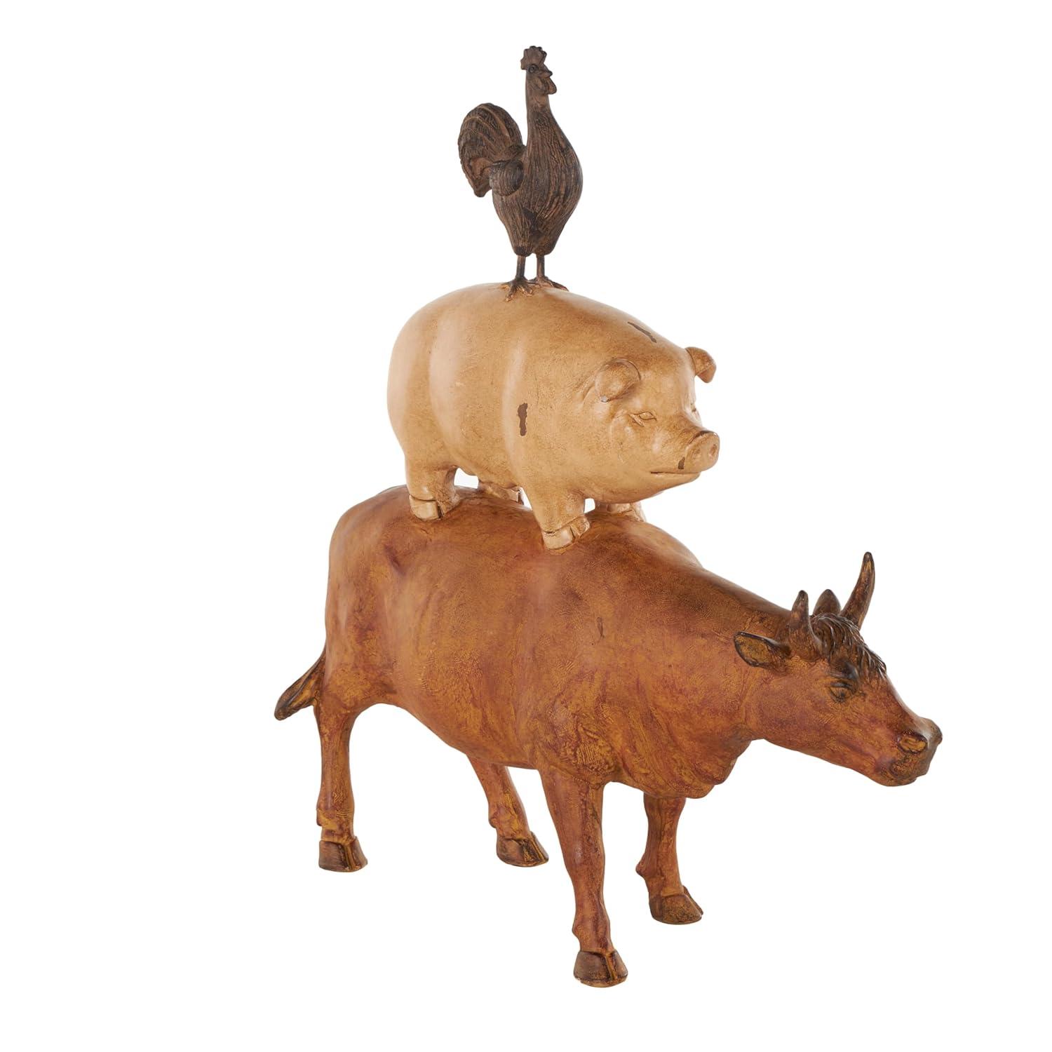 Distressed Copper Cow Statue with Beige Roosters and Chicks
