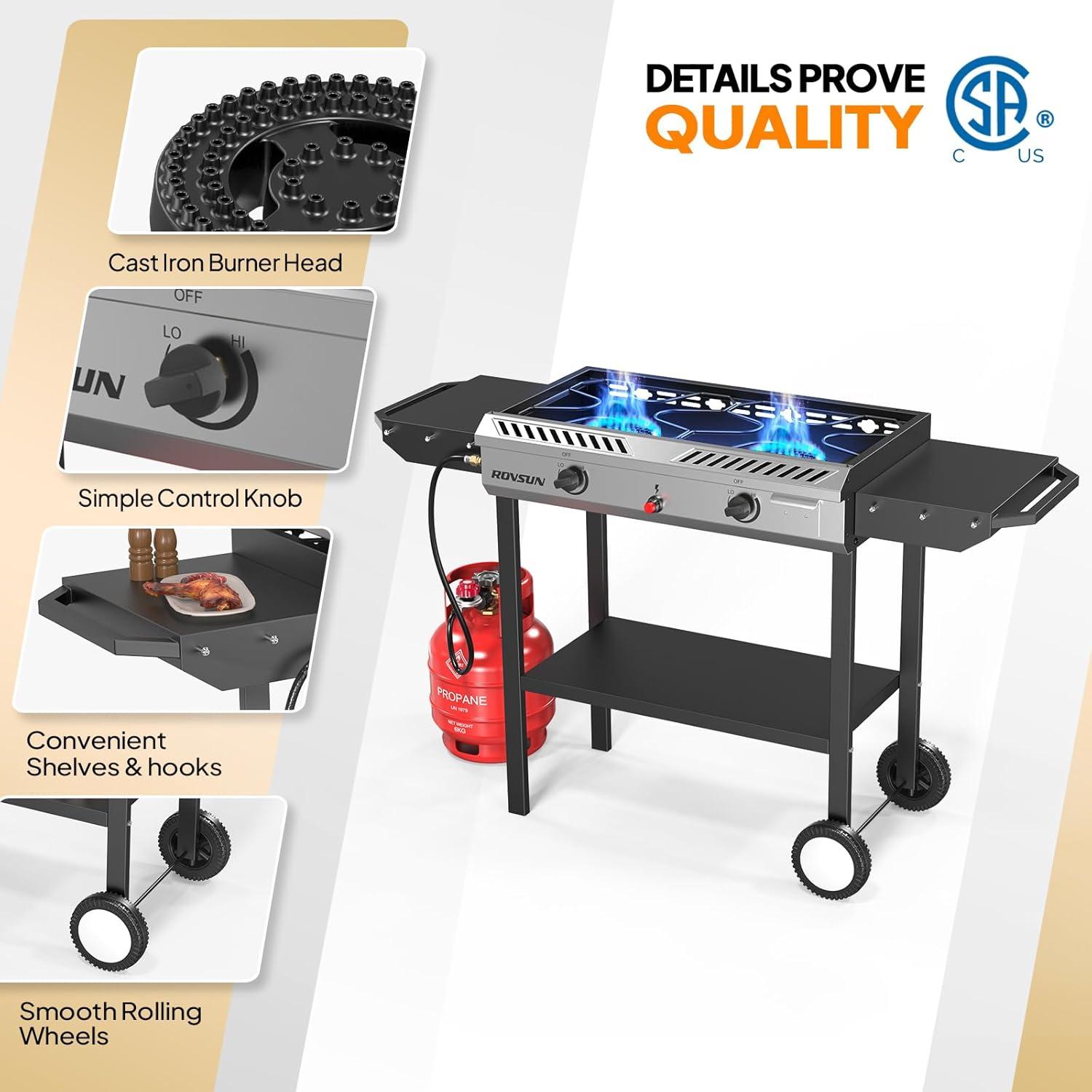 ROVSUN 2 Burner Outdoor Propane Gas Stove with Ignition, Regulator & Shelf, 150,000 BTU Powerful Cooker for Backyard Patio Cooking Home Canning Frying