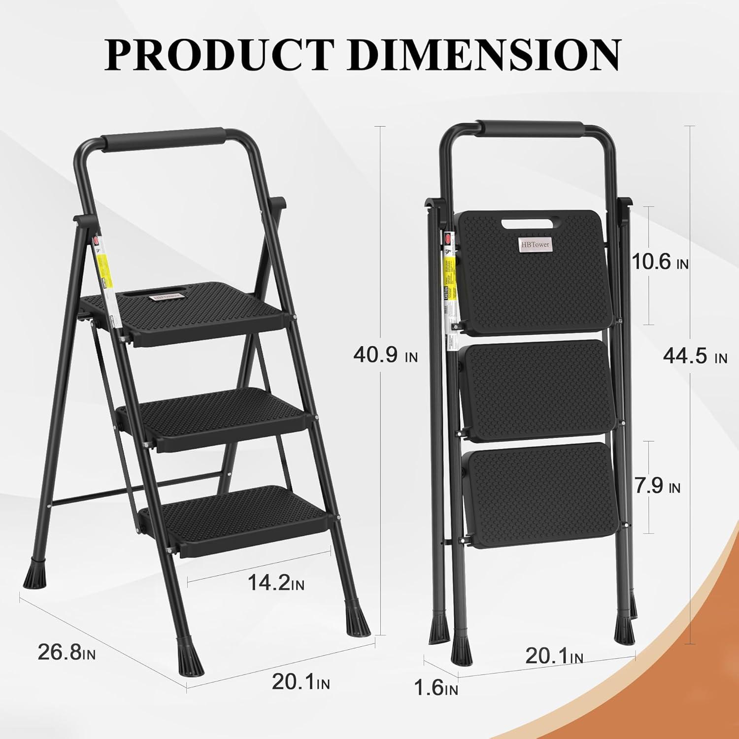 Black Folding 3-Step Ladder with Cushioned Handle