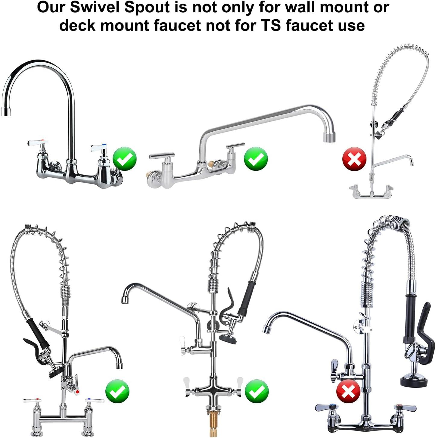 KWODE 8” Swivel Swing Nozzle Spout Replacement Kit for All Brand Commercial Kitchen Sink Faucet with M25*1.25mm Connector Size and 2.2 GPM Aerator, 360°Stainless Steel Add-on Spout Chrome Finish