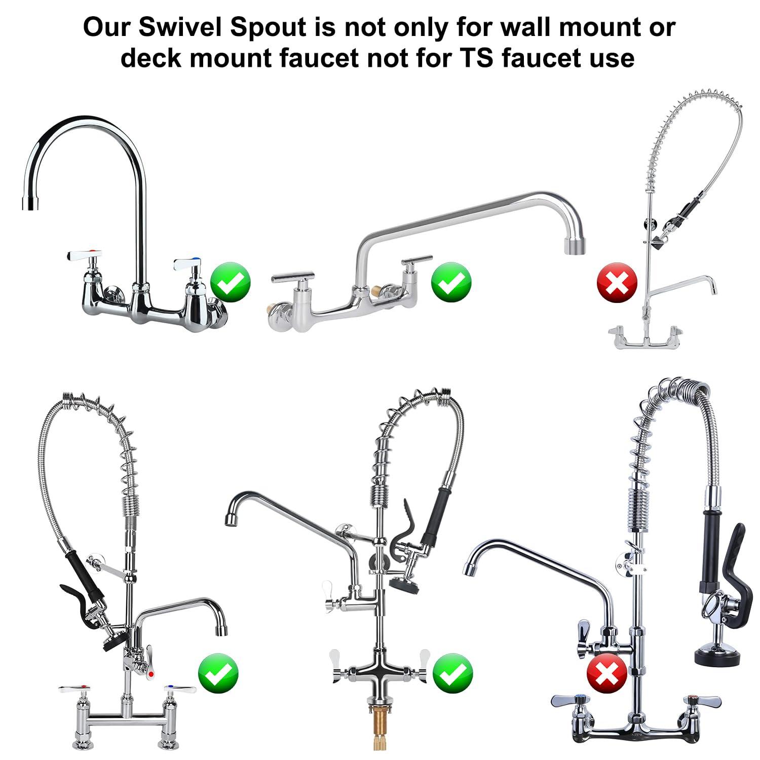 KWODE Swivel Swing Nozzle Spout 12 Inch Replacement Kit for Commercial Kitchen Sink Faucet Stainless Steel Add-on Spout Fits for 2 or 3 Bay Compartment Sinks, Chrome Finish (M25*1.25mm)