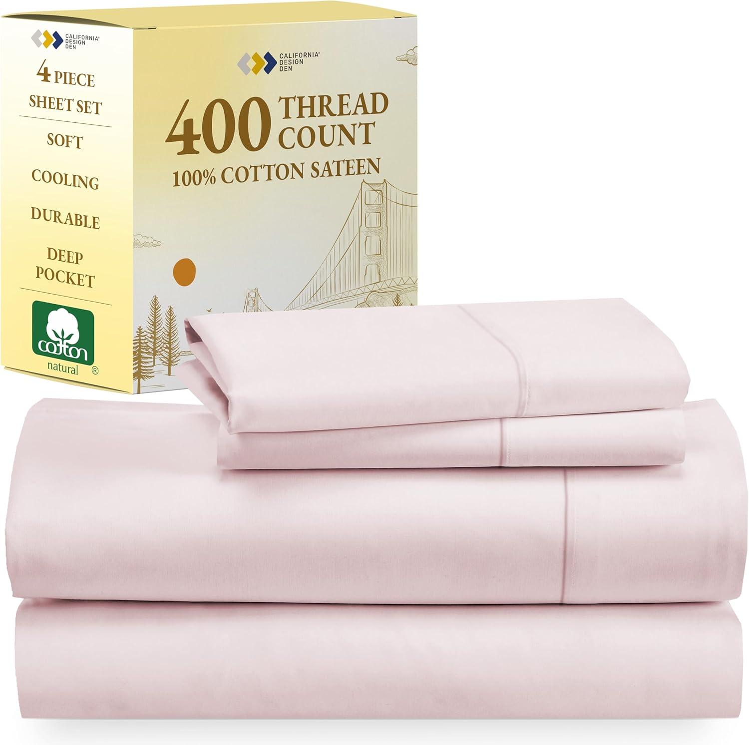 Cotton Sheets Set - Softest 400 Thread Count Bed Sheets, 100% Cotton Sateen, Cooling, Deep Pocket by California Design Den