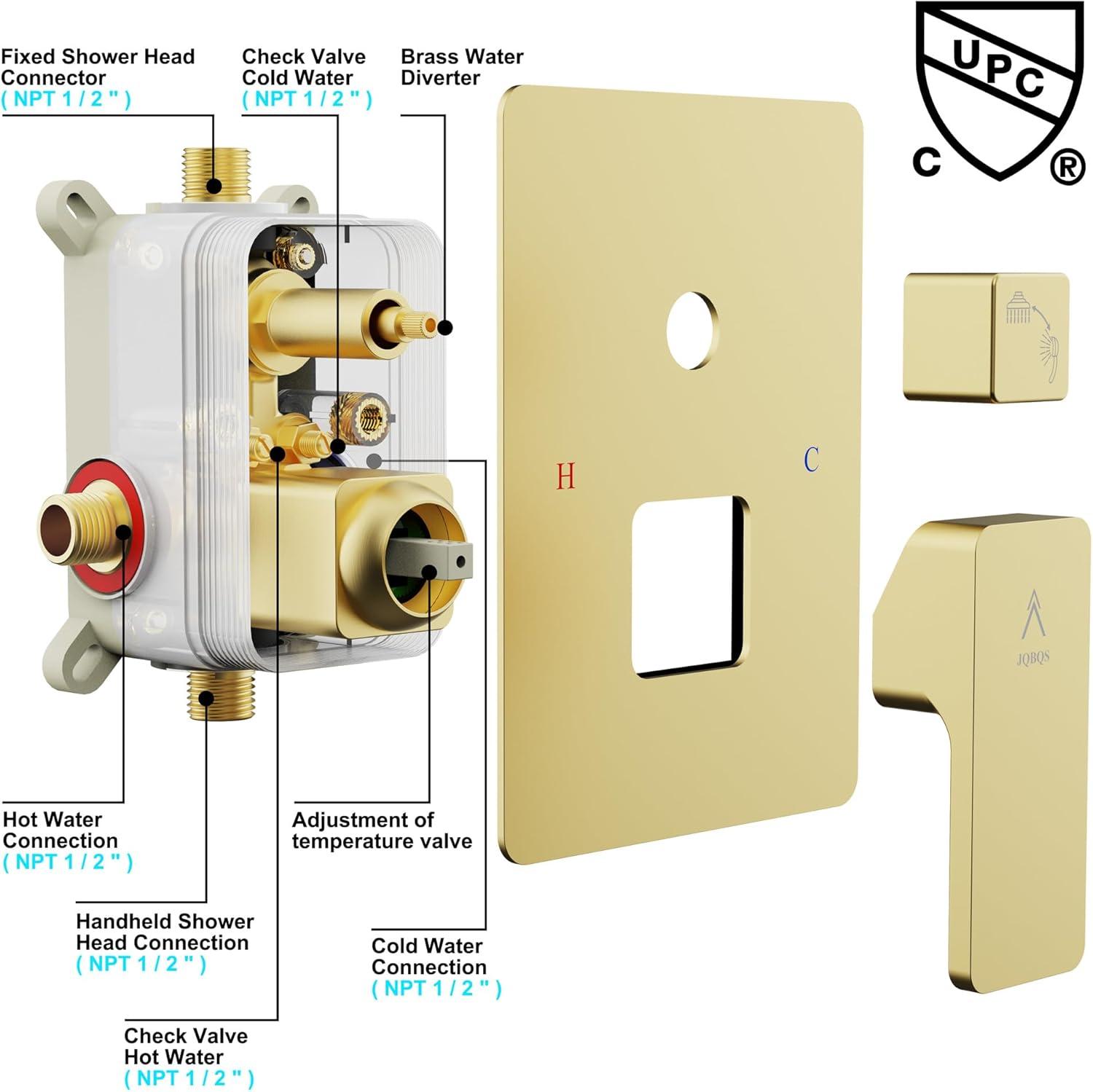 Shower system, 12" (approx. 30.5 cm) rain shower head and handheld spray bathroom shower unit with brass valve and wall trim kit Gold