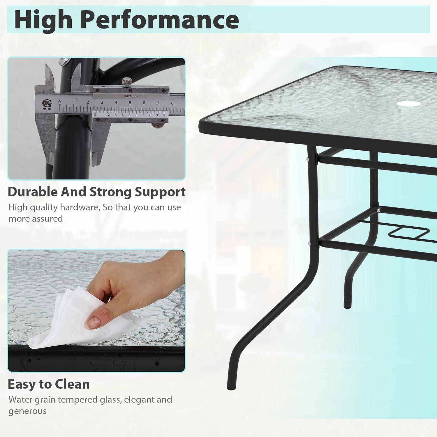 Square Outdoor Table, Patio Table with Umbrella Hole, Patio Dining Table with Tempered Glass, Outdoor Dining Tables, Square Patio Table for Balcony, Backyard, Poolside, Sunroom, Patio Tables, Black