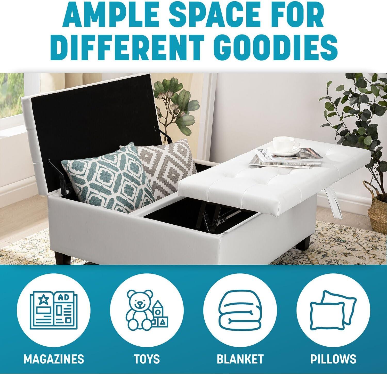 Ciara White Tufted Leather Lift-Top Storage Ottoman