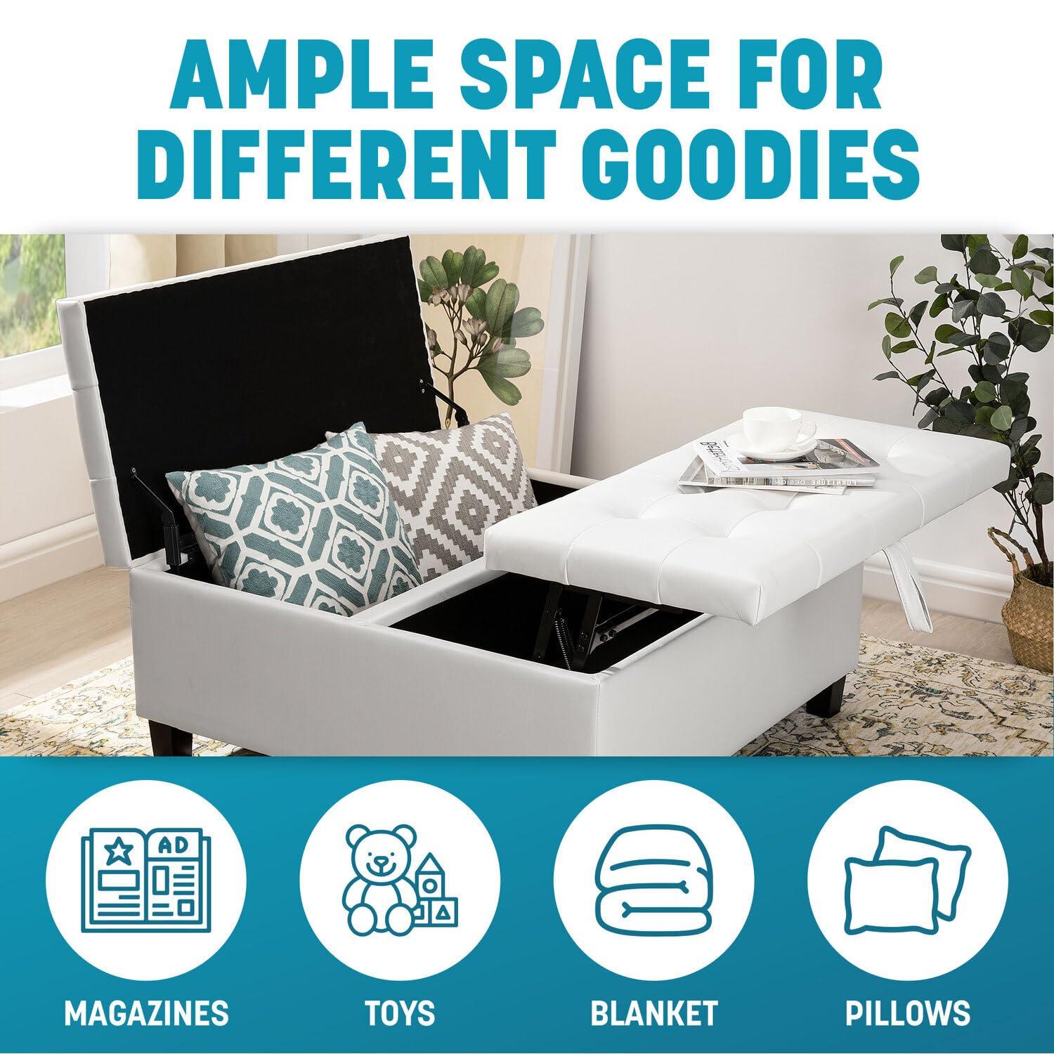 Ciara White Tufted Leather Lift-Top Storage Ottoman